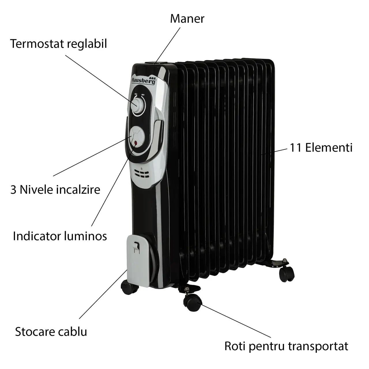 Calorifer electric HAUSBERG HB-8920, 2500W, 11 elementi, 3 nivele de putere, termostat reglabil