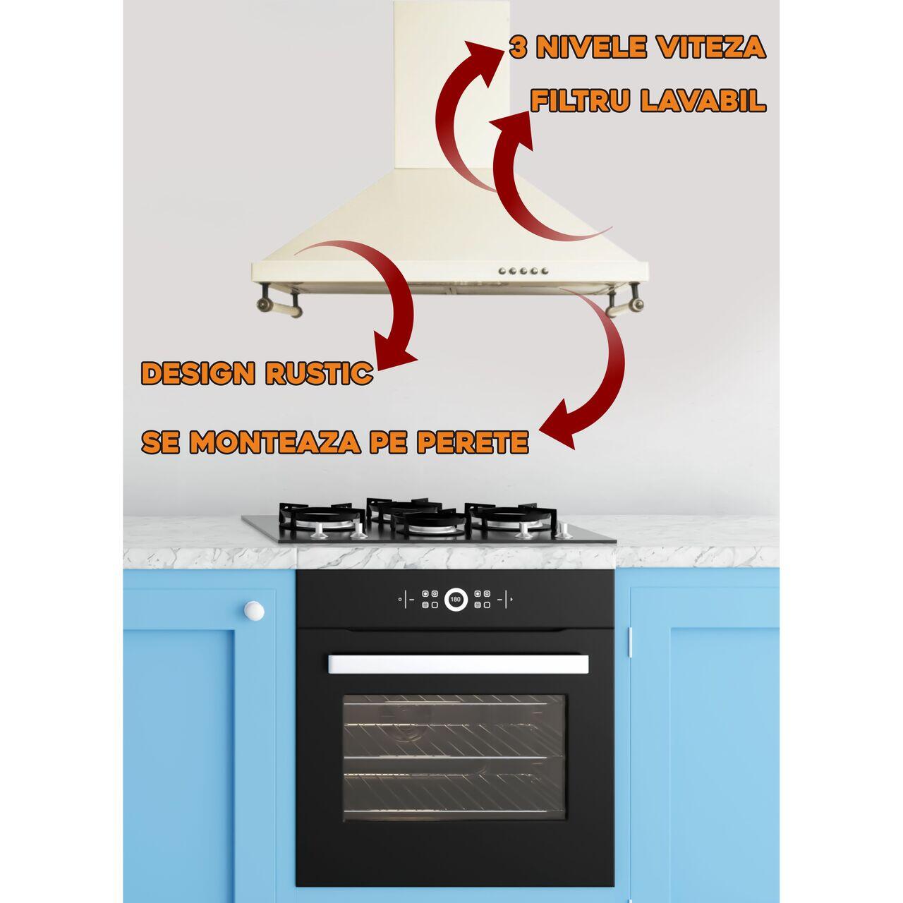 Hota decorativa rustica Hausberg HB-1500, 60 cm, putere absorbtie 450 m³/h, otel inoxidabil