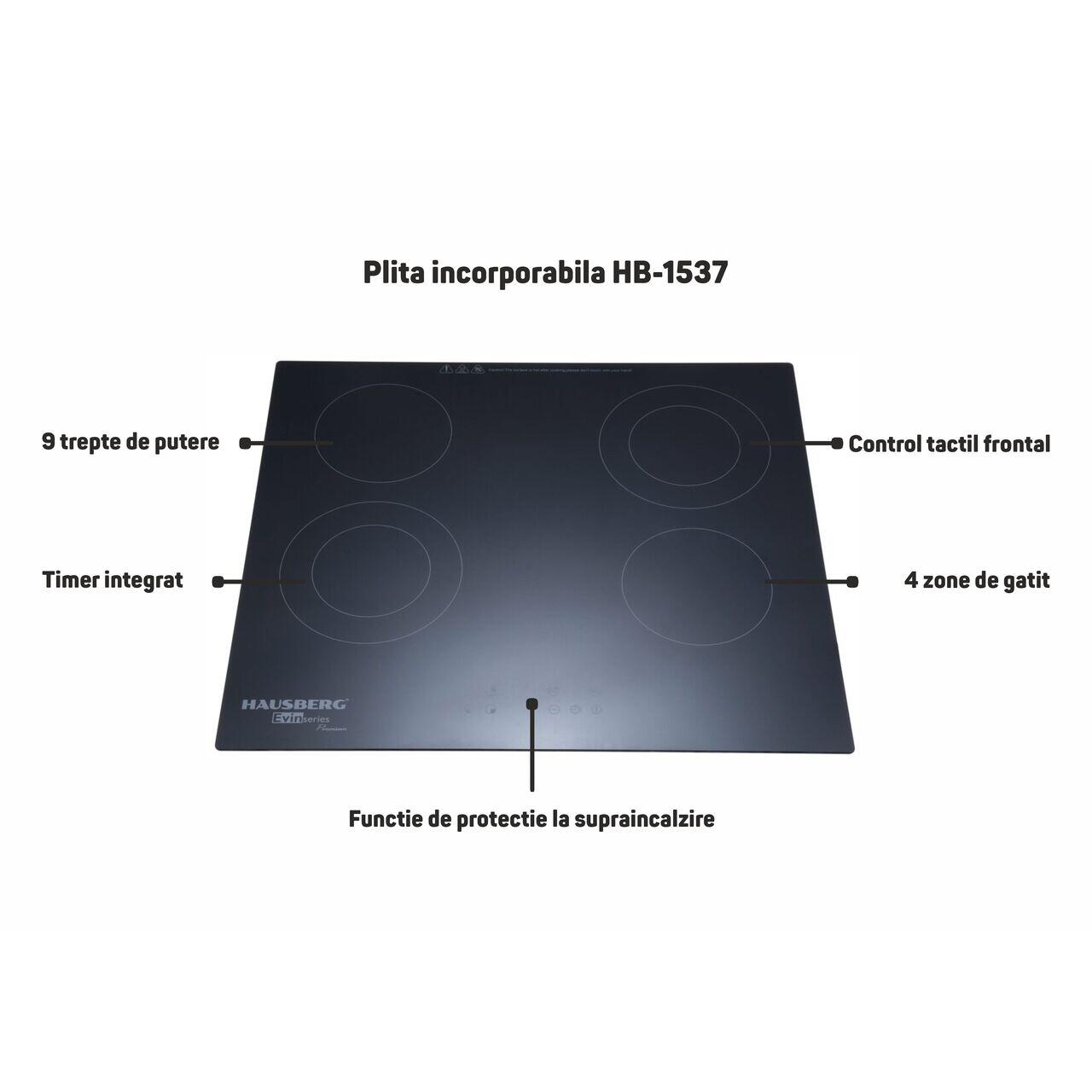 Plita incorporabila HAUSBERG HB-1537, Vitroceramica, 4 zone de gatit, 9 trepte de putere, 3200 W, Touch control, Timer, Sticla Neagra