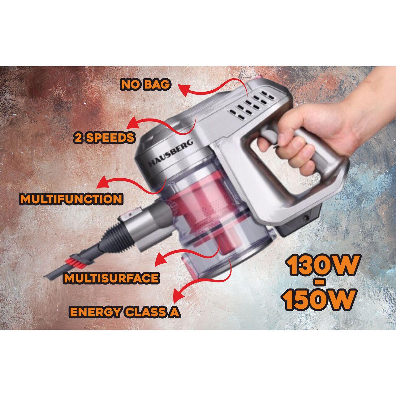 Aspirator de mana si vertical Hausberg HB-2028RS, 2 in 1, fara sac, clasa energetica A, 2 viteze, multifunctional birou, auto, acasa, autonomie 30 min, multisuprafete, accesorii incluse, multifunctional, usor