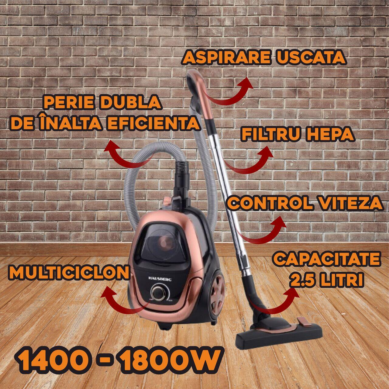 Aspirator fara sac HAUSBERG HB-2823AU, 1400-1800W, multiciclon, aspirare uscata, capacitate 2.5 litri, filtru HEPA, control viteza, derulator automat cablu