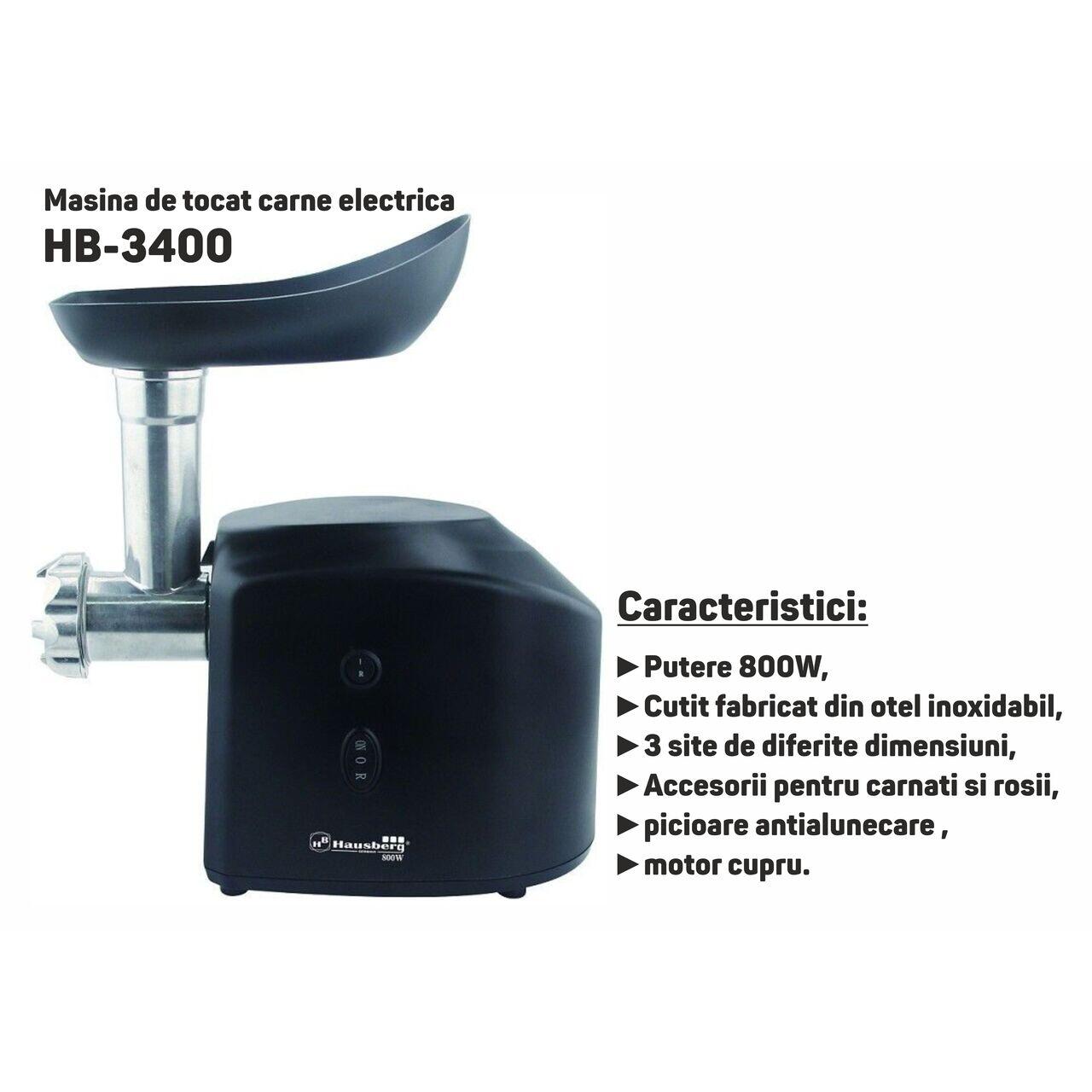 Masina de tocat carne electrica HAUSBERG HB-3400, 800W, cutit inox, picioare antialunecare