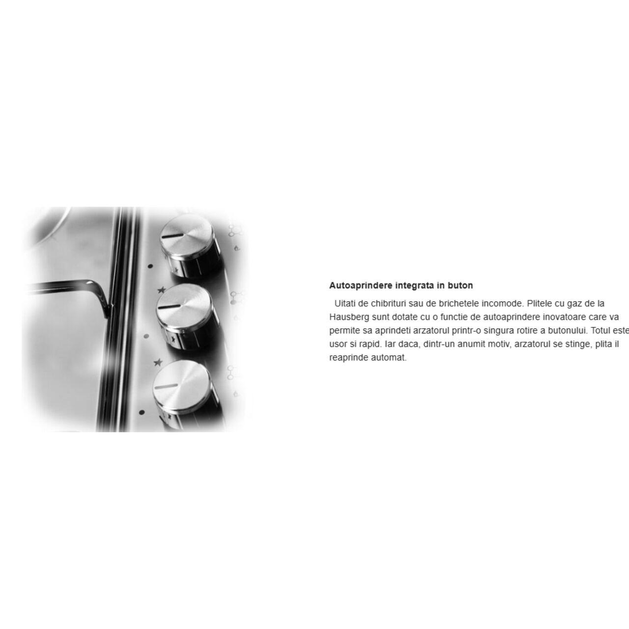 Plita incorporabila Hausberg HB-556IN, Gaz, 4 arzatoare, Sistem siguranta GAZ, Gratar din fonta, Inox