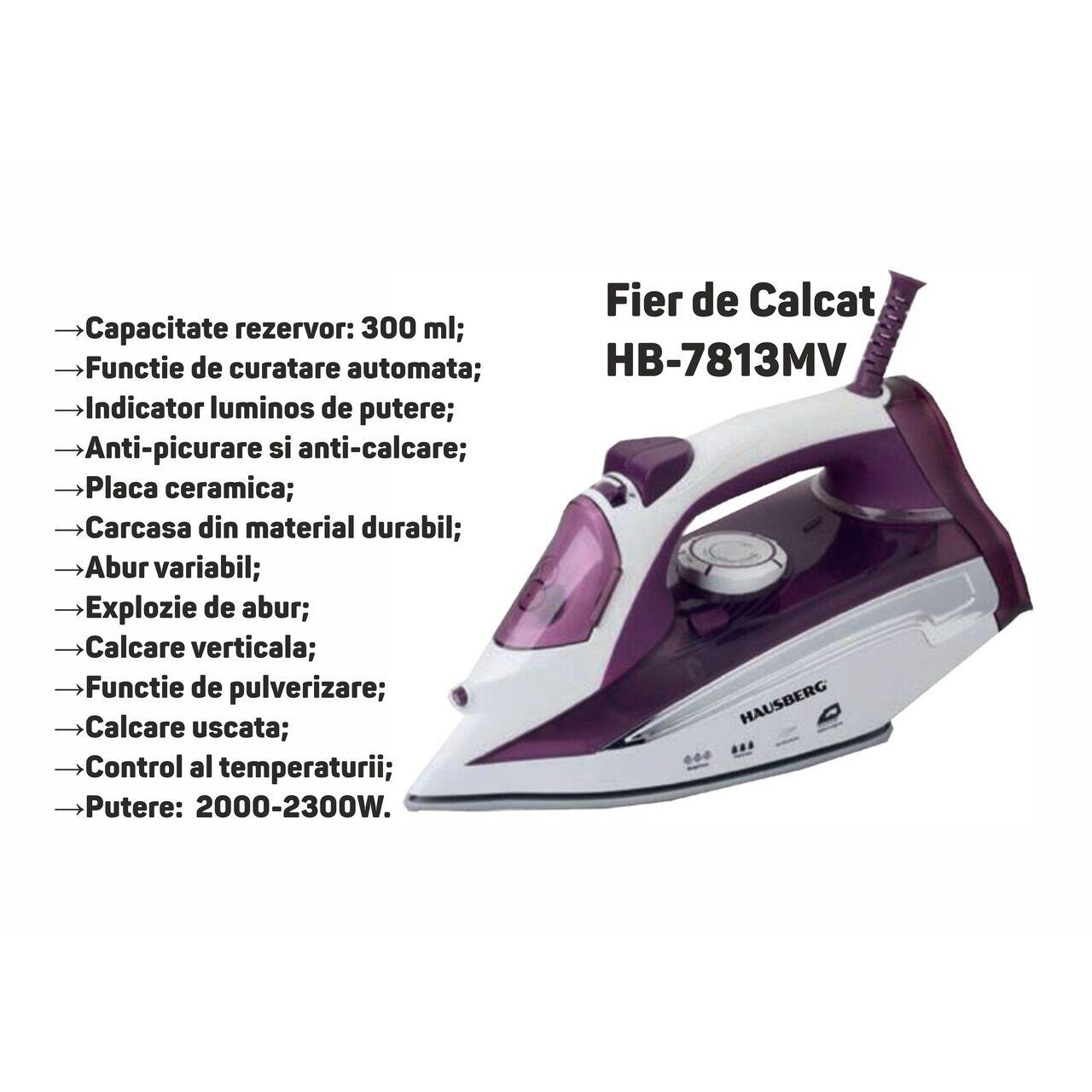 Fier de Calcat Hausberg HB-7813MV, Anti-calcar, Ceramic, Rezervor Apa 300ml 2000-2300W