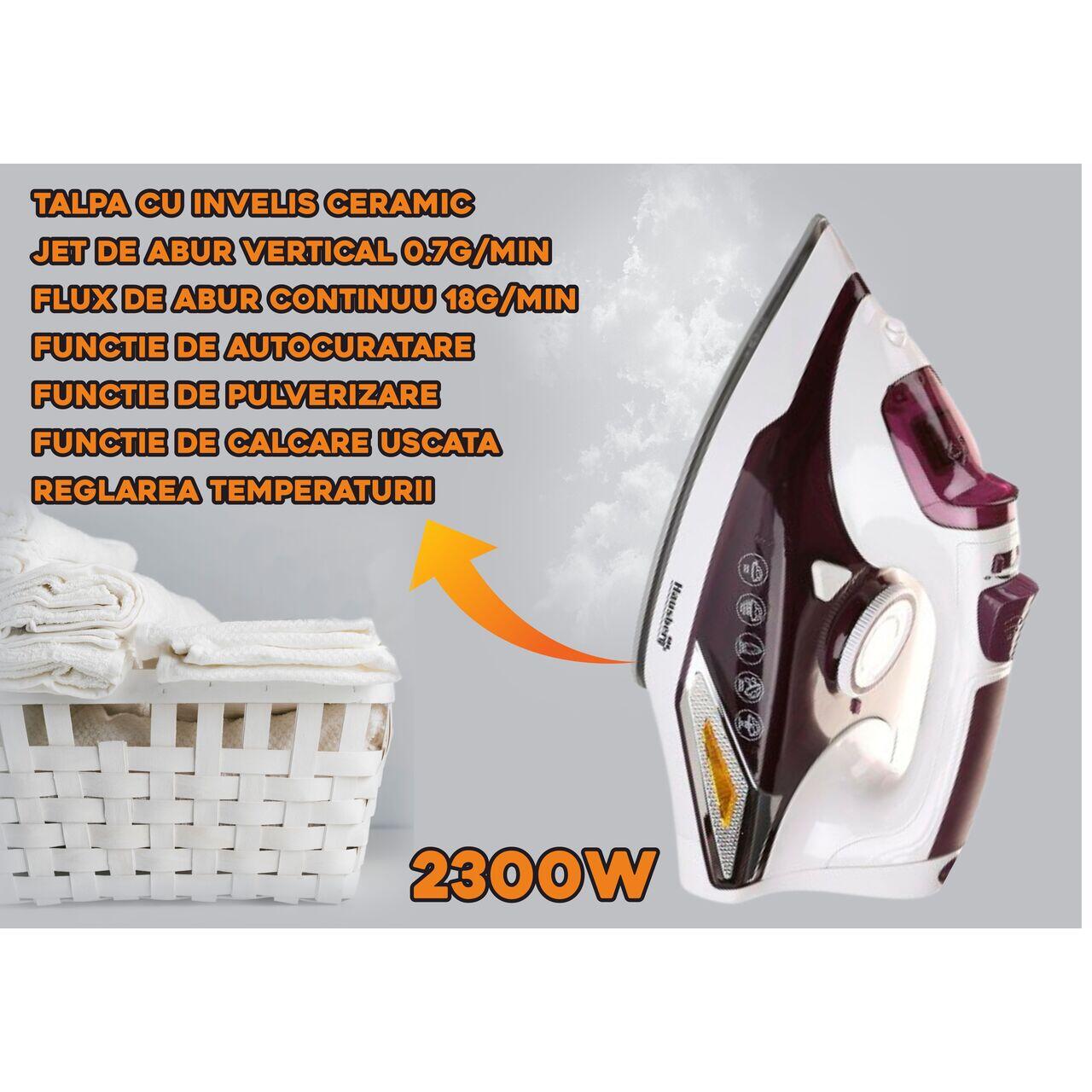 Fier de calcat Hausberg HB-7880MV, 2300W, Talpa cu invelis ceramic, rezervor apa 400ml