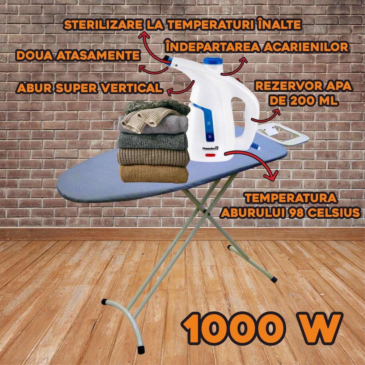 Aparat de calcat vertical cu abur HAUSBERG HB-7886BL, 1000 W, 200 ml, 2 accesorii