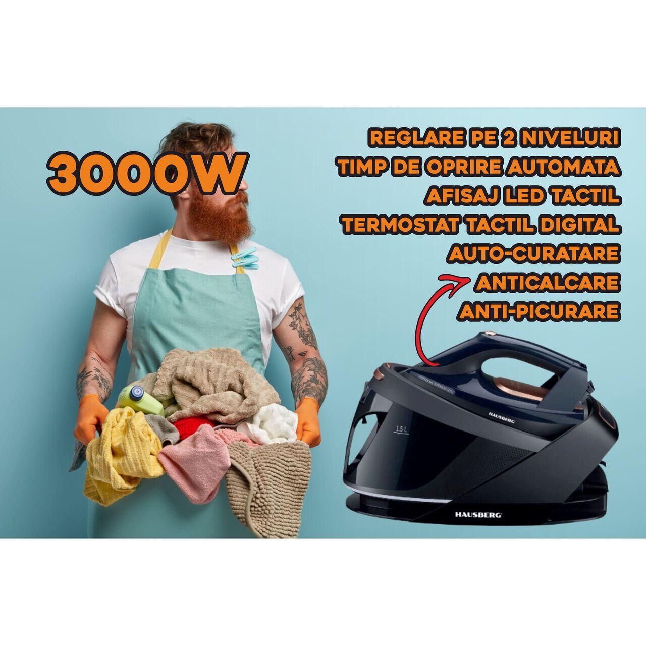 Statie de calcat HAUSBERG HB-7925NG, 3000W, 40-50g/min, 1.5l, auto-curatare, termostat, talpa ceramica