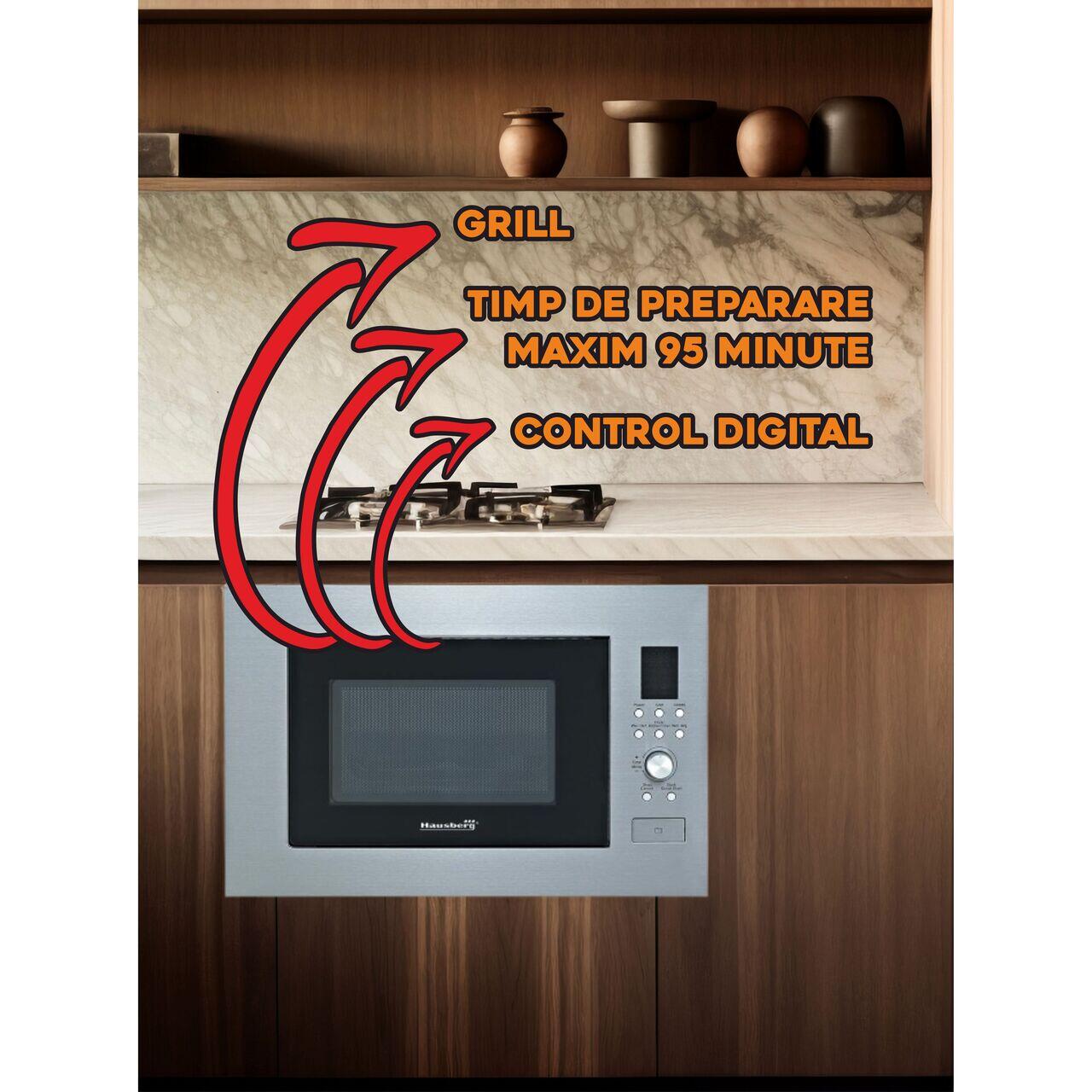 Cuptor cu microunde incorporabil Hausberg HB-8070, 25 l, Putere nominalã de iesire a cuptorului cu microunde: 900W, putere de intrare: 1400W, putere grãtar: 1000W, Grill, Control digital