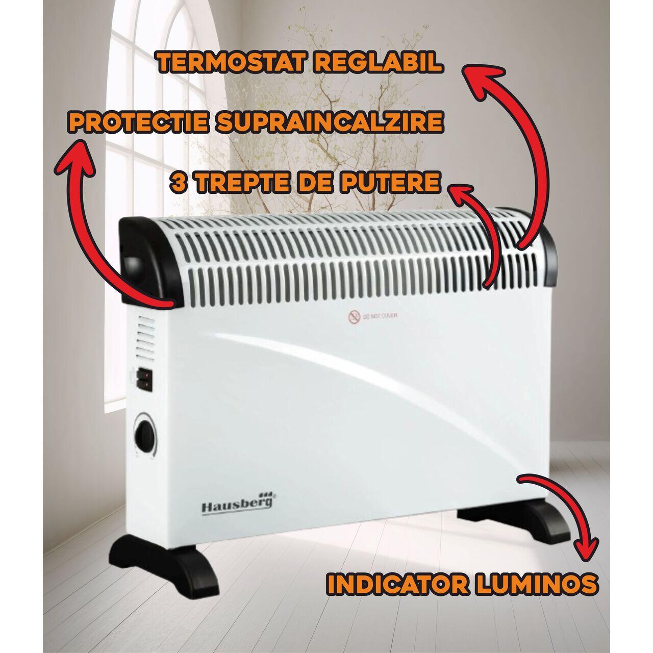 Convector electric HAUSBERG HB-8206, 3 trepte de putere 750/1250/2000W, termostat reglabil, protective supraincalzire, indicator luminos