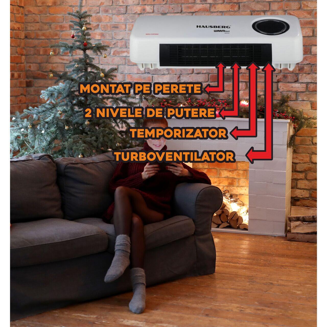 Convector electric digital de perete cu ventilator HAUSBERG HB-8217AB, 2000W, 2 Nivele de putere, Telecomanda, Temporizator