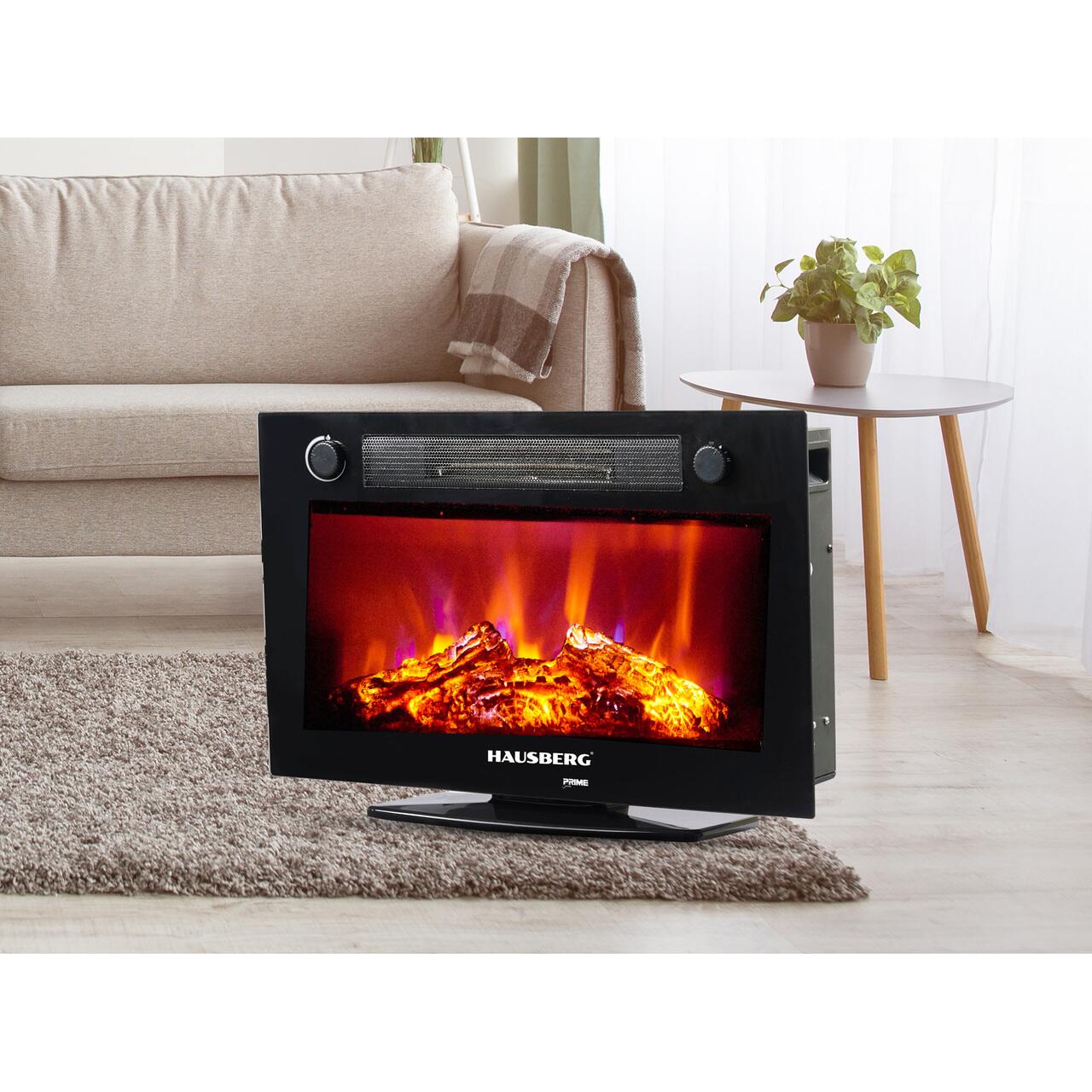 Semineu Electric de Birou HAUSBERG HB-8226NG, 1800W, efect de Flacara, incalzire PTC, Sticla securizata, Telecomanda
