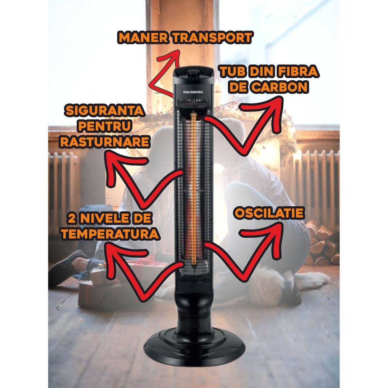 Radiator electric tip Turn HAUSBERG HB-8561NG, 1000W, 2 nivele de temperature, tub din fibra de carbon, siguranta pentru rasturnare, oscilatie, maner transport