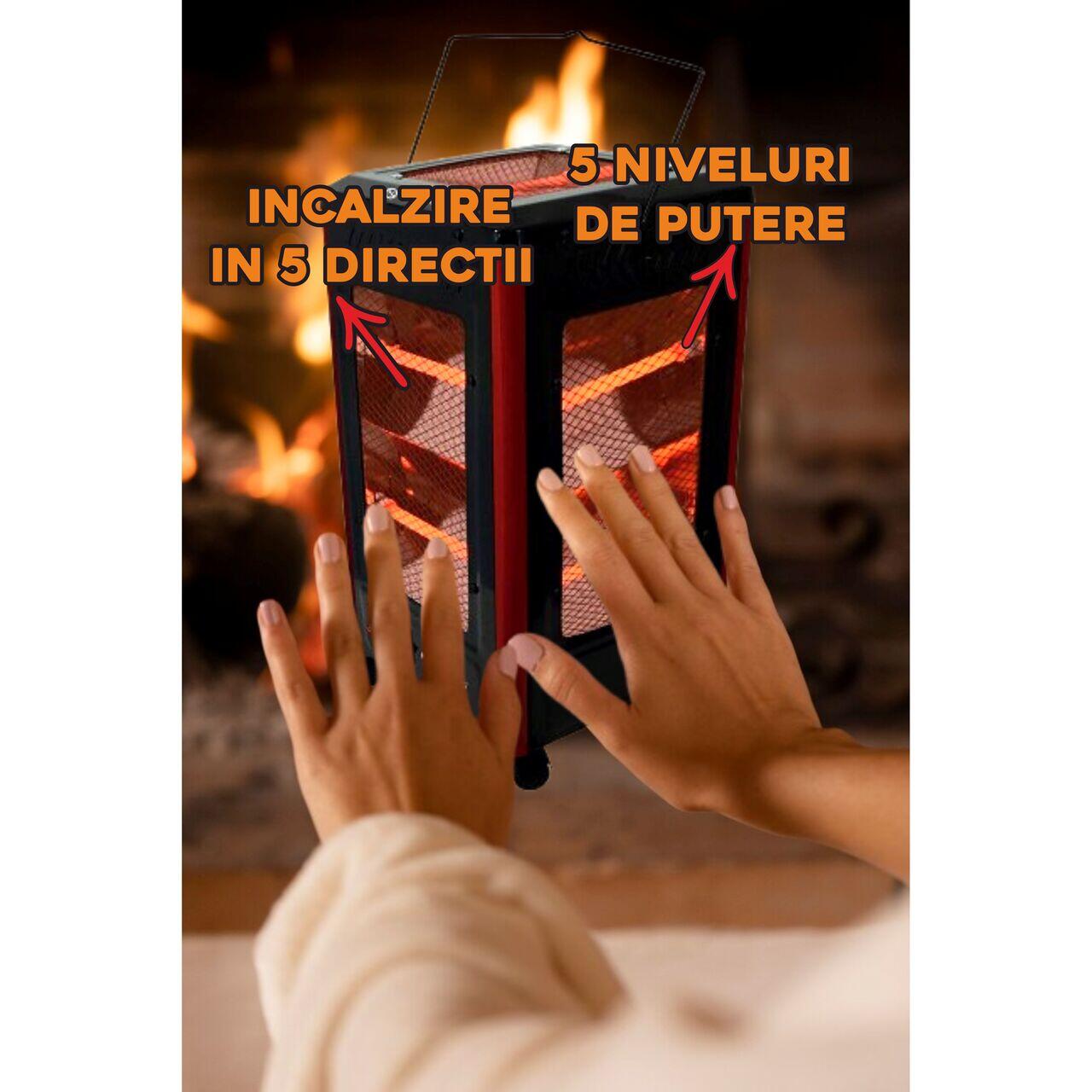 Radiator electric HAUSBERG HB-8802NG, 2200W, 5 niveluri de putere, incalzire in 5 directii, roti deplasare, maner pentru transport, protectie pentru rasturnare