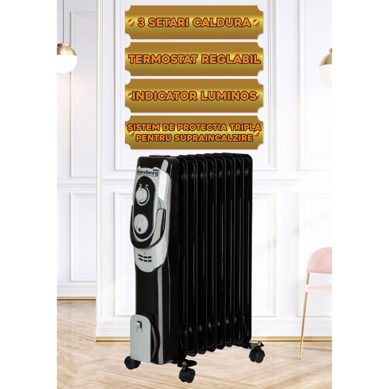 Calorifer electric HAUSBERG HB-8910NG, 2000W, 9 elementi, 3 nivele de putere, termostat reglabil