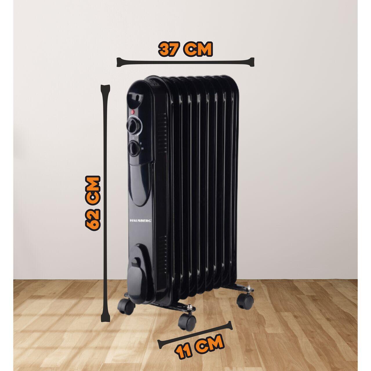 Calorifer electric cu ulei HAUSBERG HB-8915, 3 trepte, 800-1200-2000 W, 9 elementi 110 mm x 580 mm, termostat reglabil, maner si rotite pentru o deplasare facila, indicator luminos functionare