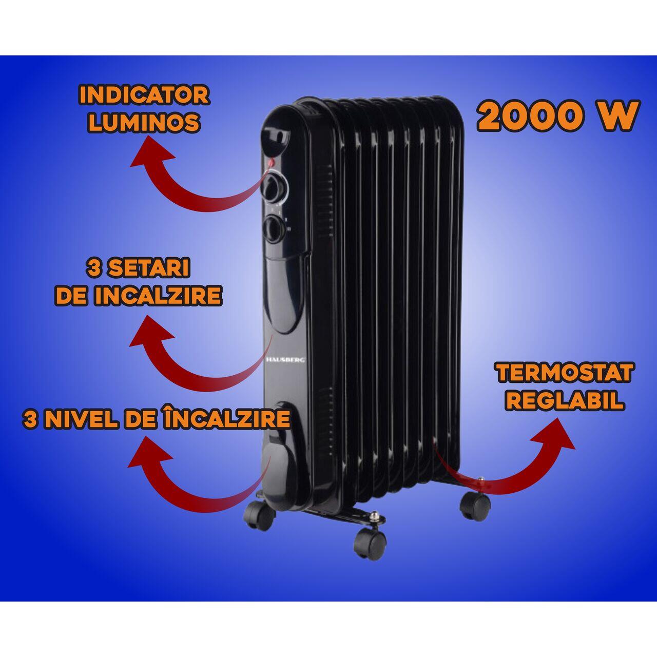 Calorifer electric cu ulei HAUSBERG HB-8915, 3 trepte, 800-1200-2000 W, 9 elementi 110 mm x 580 mm, termostat reglabil, maner si rotite pentru o deplasare facila, indicator luminos functionare