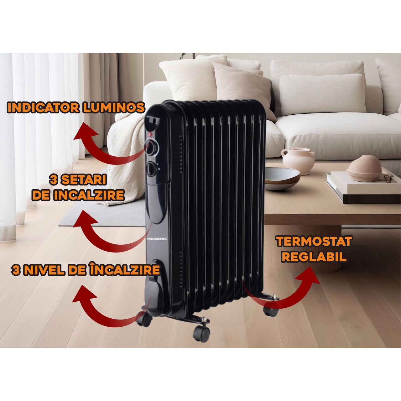 Calorifer electric cu ulei HAUSBERG HB-8925, 3 trepte, 1000-1500-2500 W, 11 elementi 110 mm x 580 mm, termostat reglabil, maner si rotite pentru o deplasare facila, indicator luminos functionare