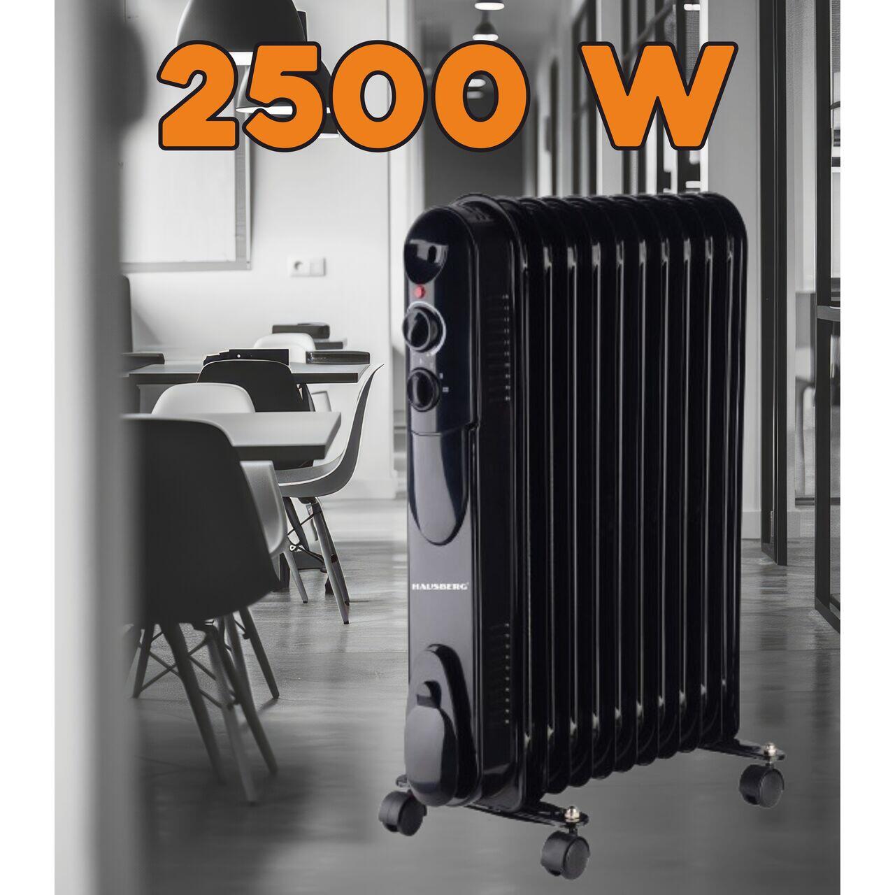 Calorifer electric cu ulei HAUSBERG HB-8925, 3 trepte, 1000-1500-2500 W, 11 elementi 110 mm x 580 mm, termostat reglabil, maner si rotite pentru o deplasare facila, indicator luminos functionare