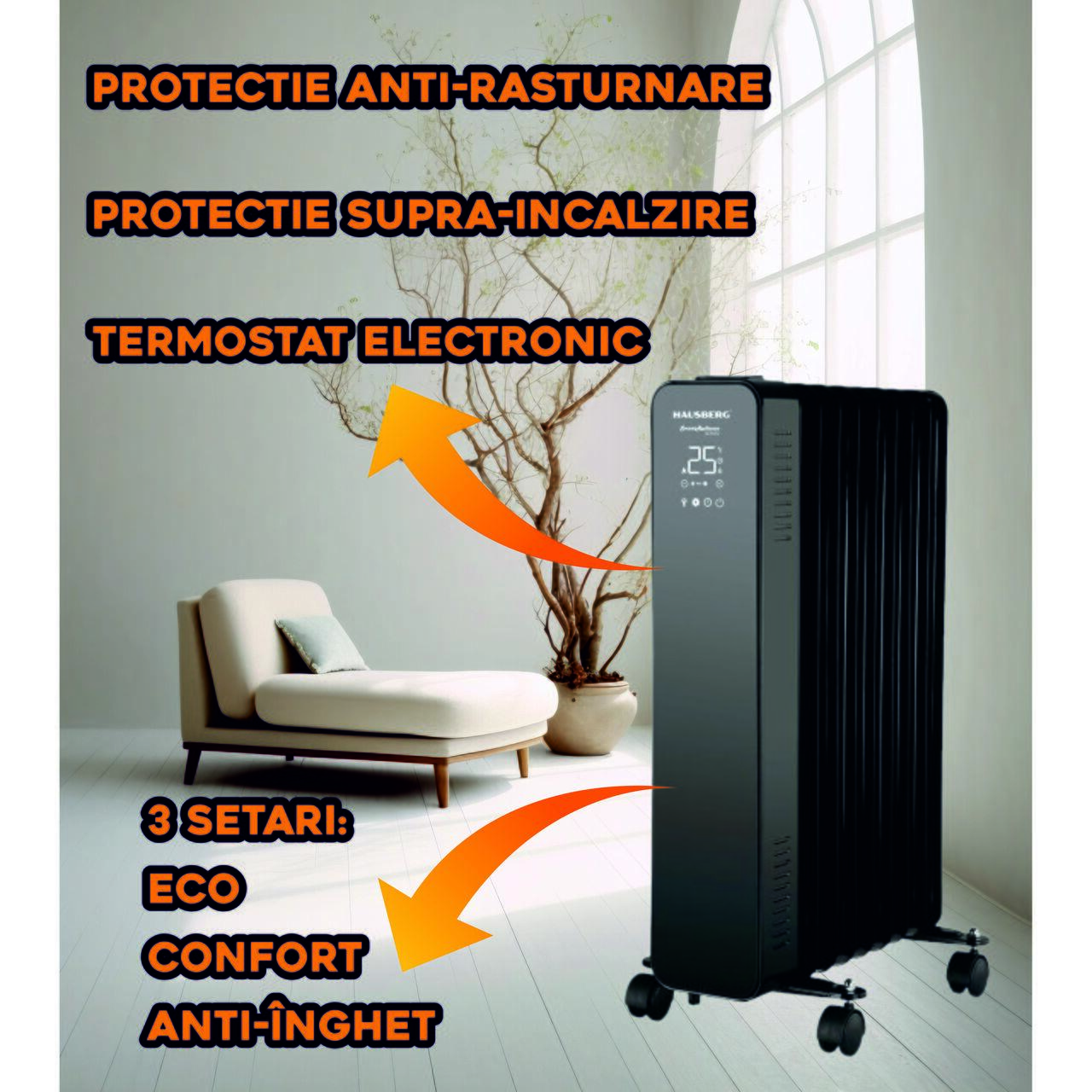 Calorifer electric Digital cu Telecomanda HAUSBERG HB-8950NG, 2000W, 9 elementi, 3 setari, Termostat electronic, Protectie supra-incalzire, Protectie anti-rasturnare