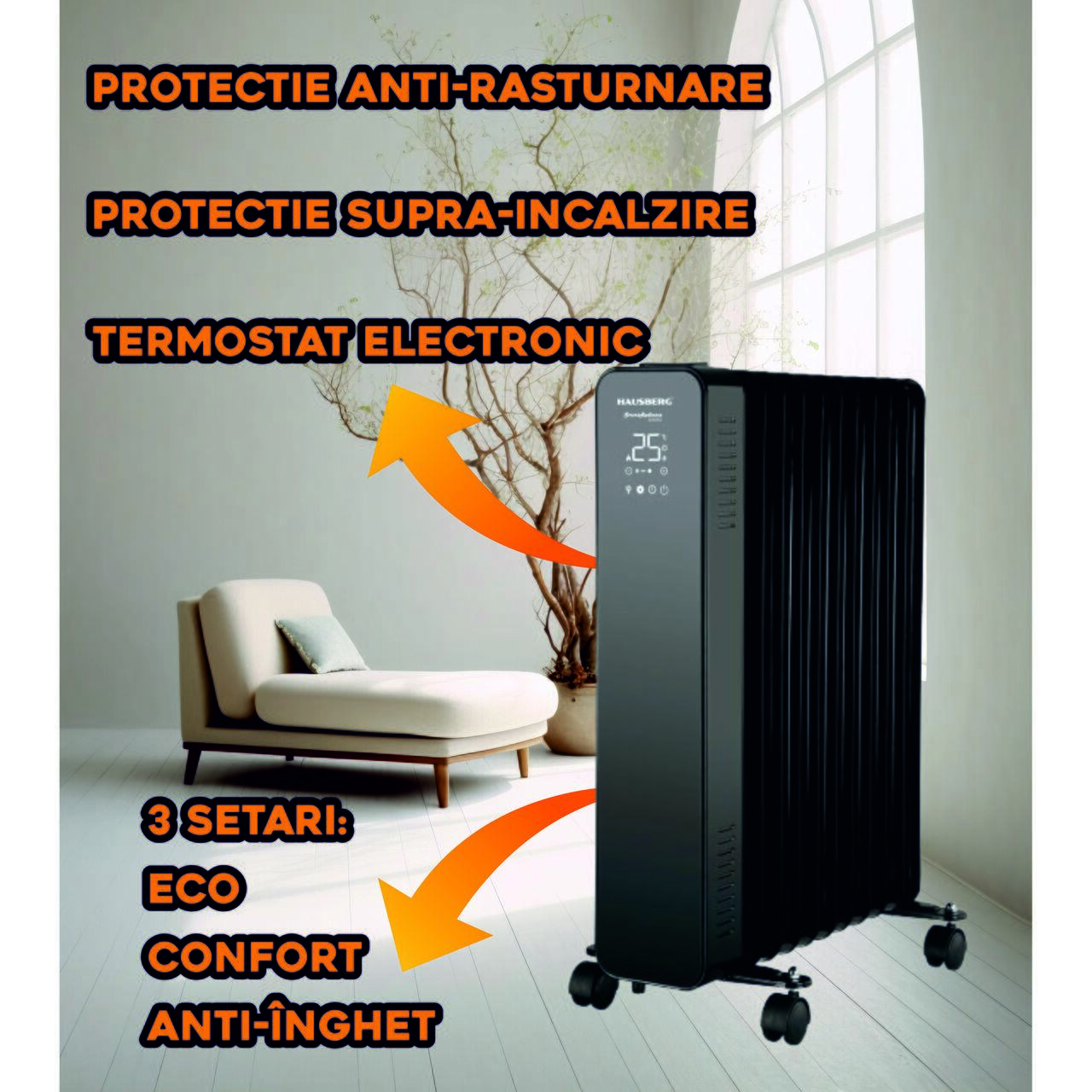 Calorifer electric Digital cu Telecomanda HAUSBERG HB-8955NG, 2500W, 11 elementi, 3 setari, Termostat electronic, Protectie supra-incalzire, Protectie anti-rasturnare