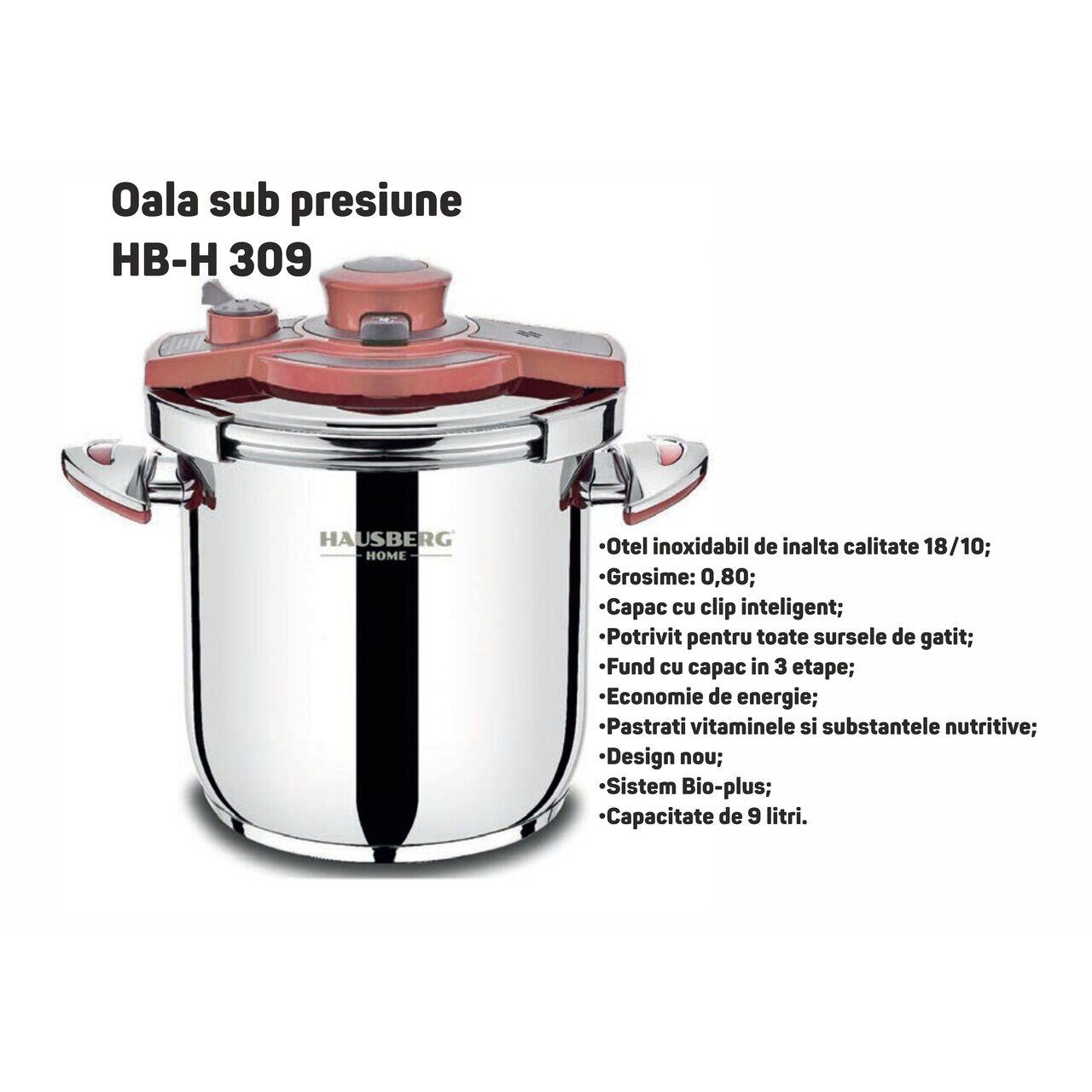 Oala sub presiune HAUSBERG HB-H 309, 9L, inox 18/10, Inductie, Triplu fund
