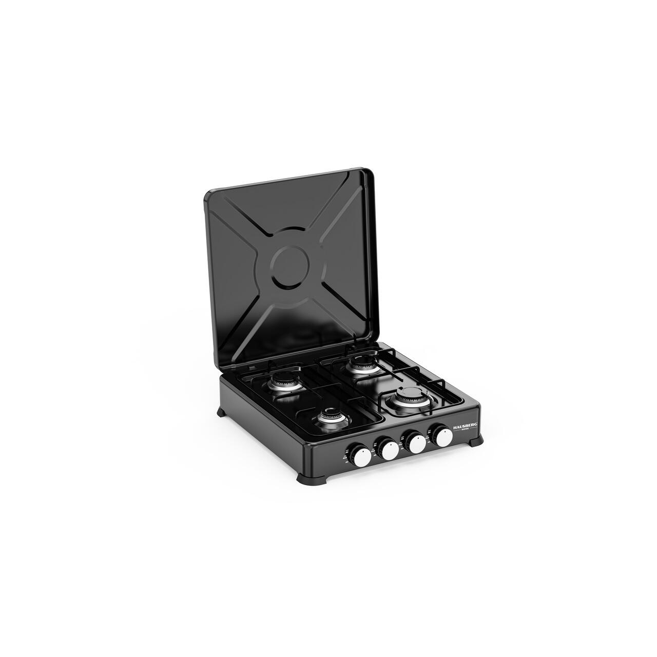 Aragaz portabil Minigaz 4 arzătoare Hausberg HB-H404NG, 2.2kW + 2×1.5kW + 1kW, arzatoare aluminiu, supape CE, corp metalic