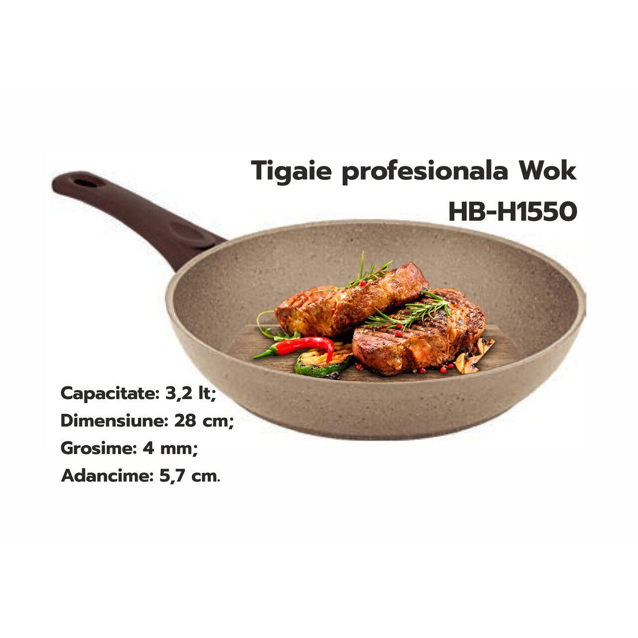 Tigaie profesionala Wok HAUSBERG HB-H1550, 28cm, 3.2L, piatra de granit din aluminiu presat
