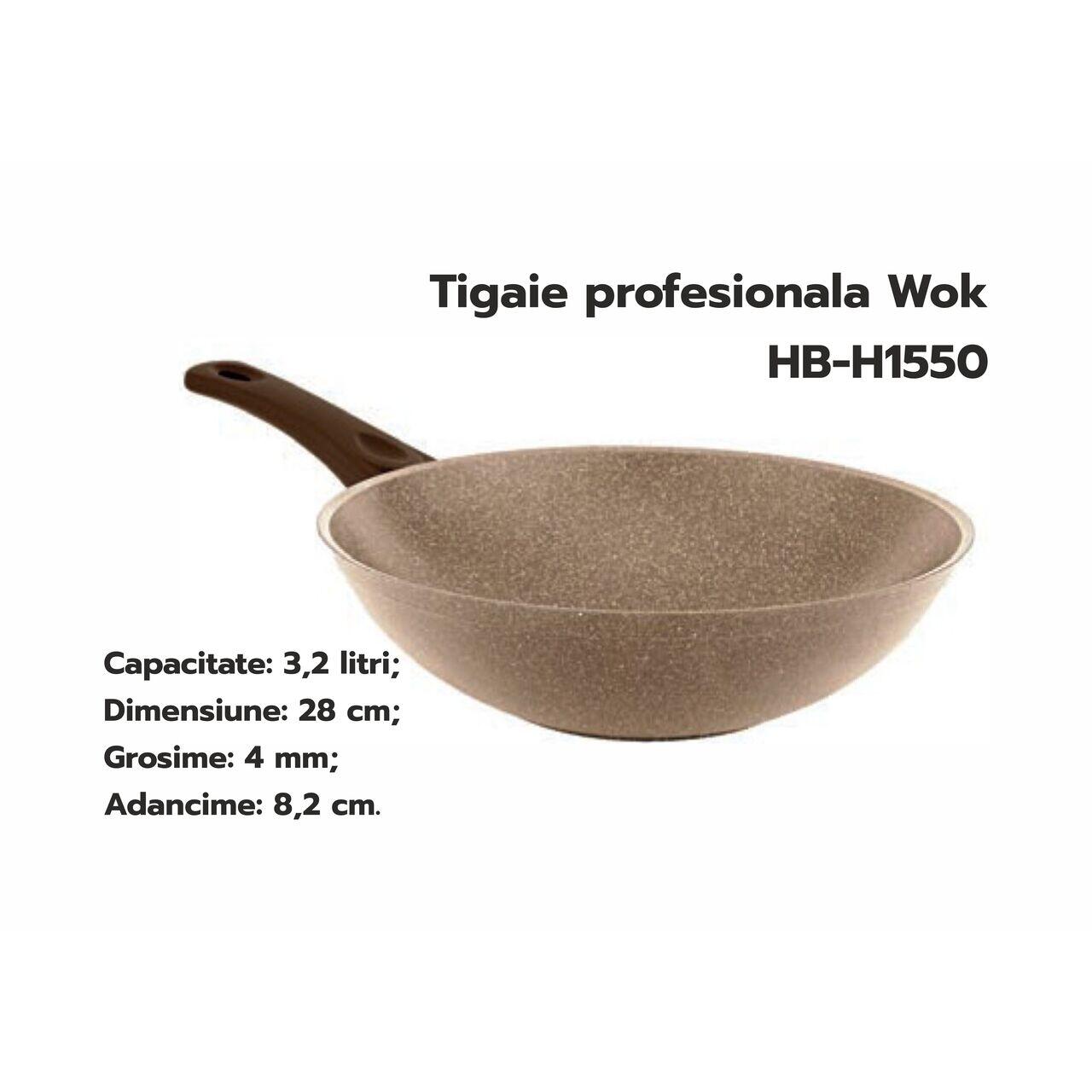 Tigaie profesionala Wok HAUSBERG HB-H1550, 28cm, 3.2L, piatra de granit din aluminiu presat