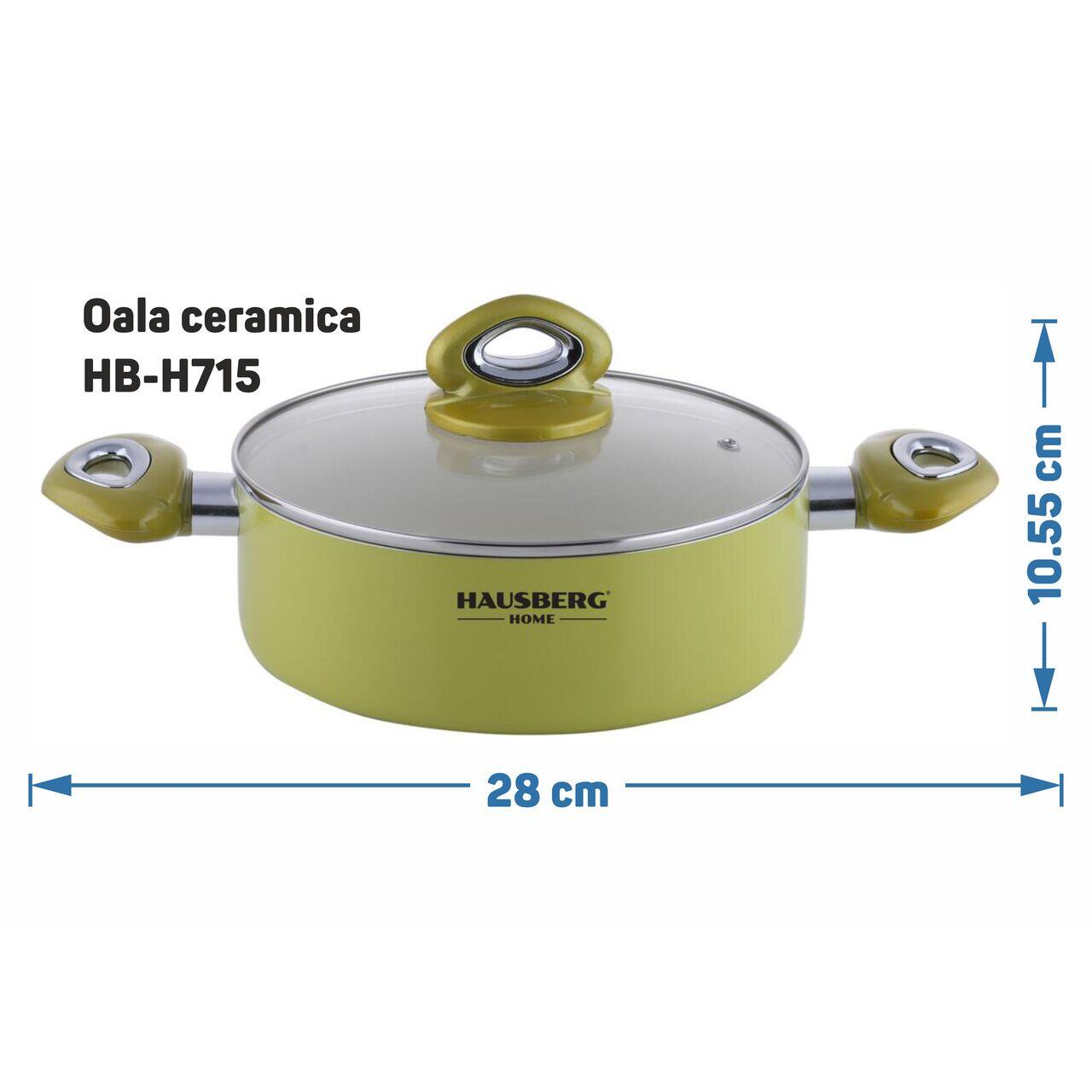 Oala ceramica HAUSBERG HB-H715GA, 4.5L, aluminiu, interior antiaderent, manere silicon, galben, 28x10.5cm
