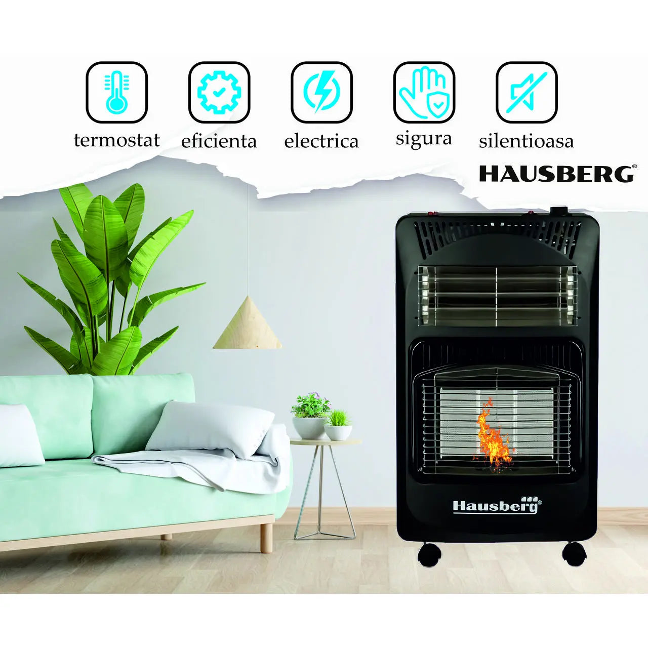 Pachet Soba pe gaz GPL (butelie) si electric HAUSBERG HB-1020NG, aprindere piezo-electrica, 4.2kW, Negru, Ceas butelie, 1m furtun gaz MN2015 si 2 coliere furtun
