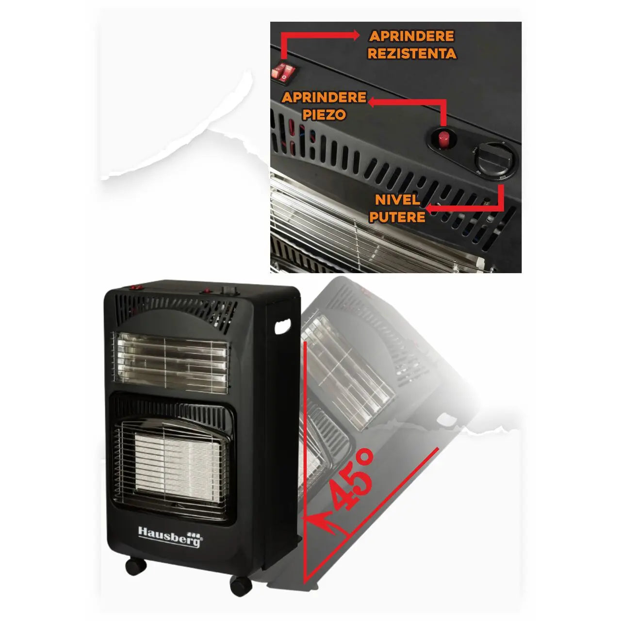 Pachet Soba pe gaz GPL (butelie) si electric HAUSBERG HB-1020NG, aprindere piezo-electrica, 4.2kW, Negru, Ceas butelie, 1m furtun gaz MN2015 si 2 coliere furtun