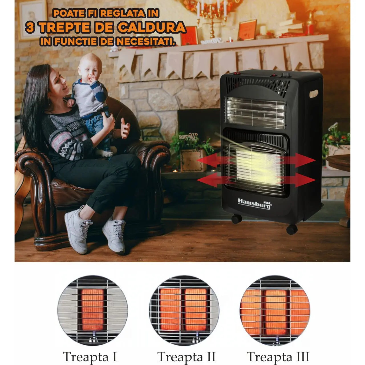 Pachet Soba pe gaz GPL (butelie) si electric HAUSBERG HB-1020NG, aprindere piezo-electrica, 4.2kW, Negru, Ceas butelie, 1m furtun gaz MN2015 si 2 coliere furtun