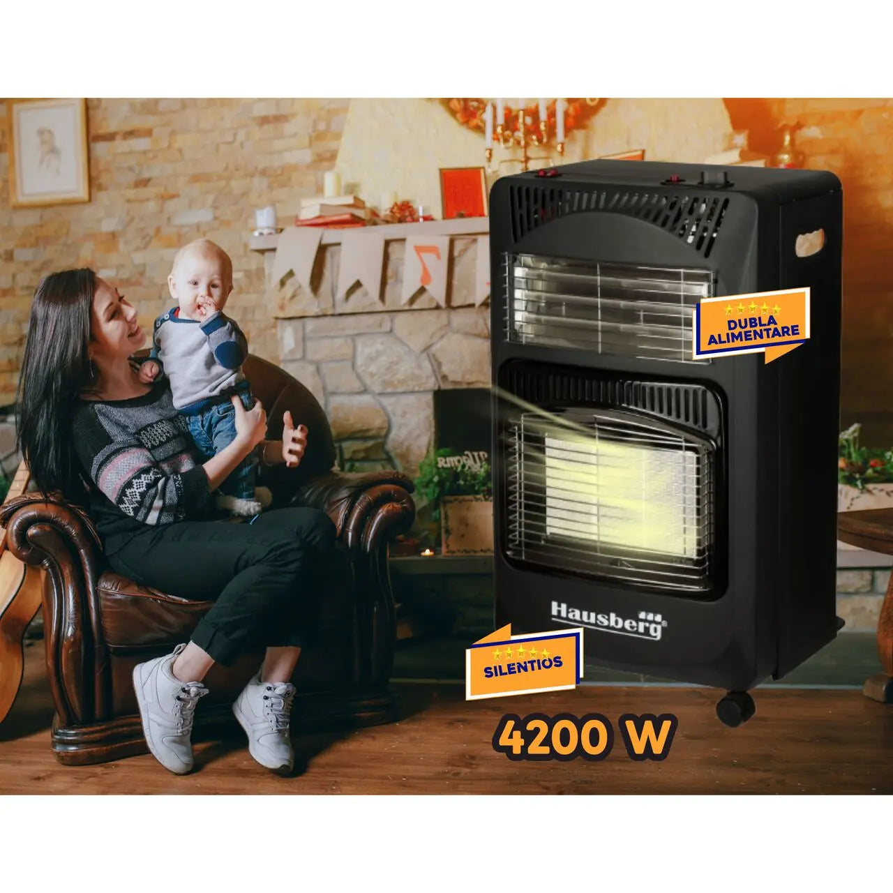 Pachet Soba pe gaz GPL (butelie) si electric HAUSBERG HB-1020NG, aprindere piezo-electrica, 4.2kW, Negru, Ceas butelie, 1m furtun gaz MN2015 si 2 coliere furtun