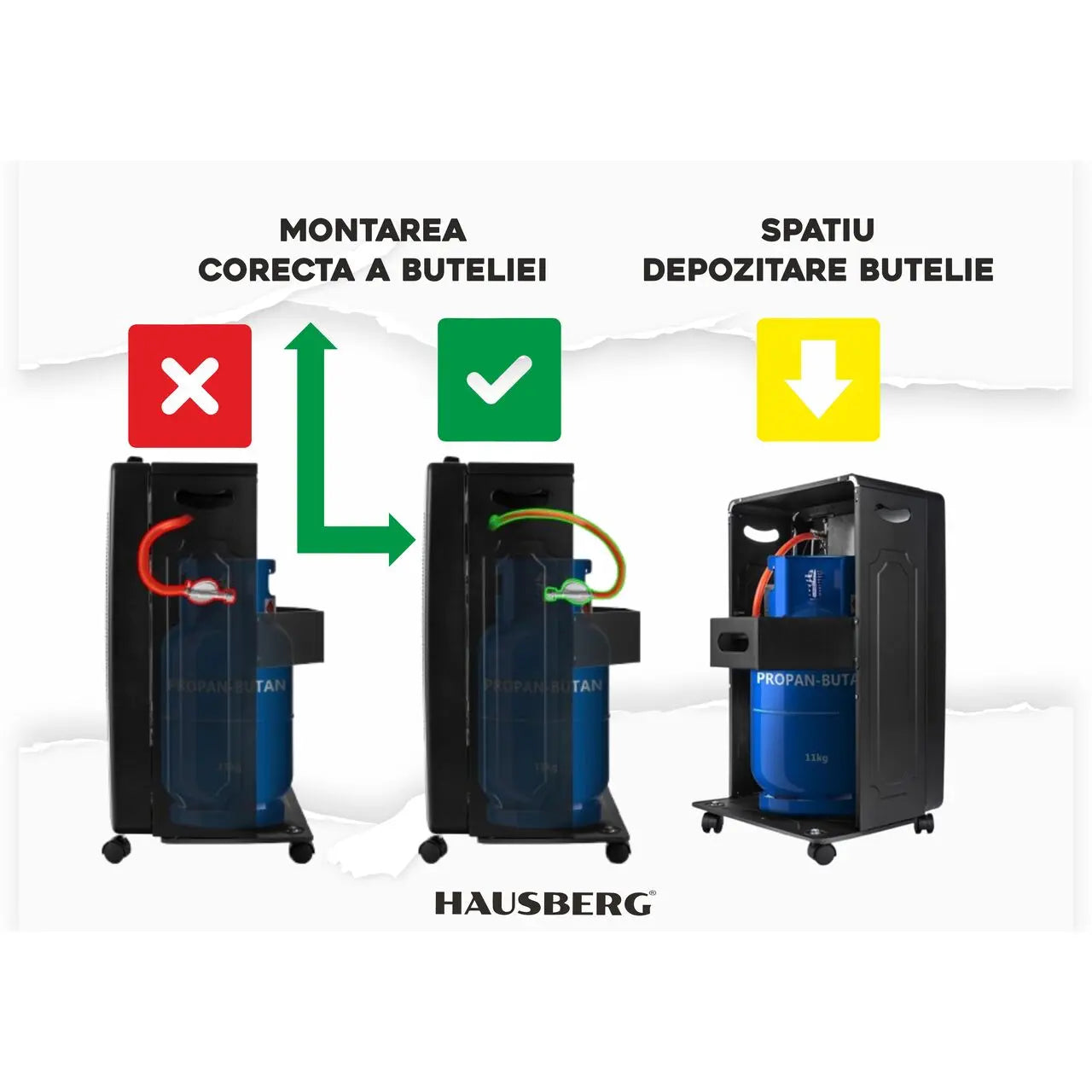 Pachet Soba pe gaz GPL (butelie) si electric HAUSBERG HB-1020NG, aprindere piezo-electrica, 4.2kW, Negru, Ceas butelie, 1m furtun gaz MN2015 si 2 coliere furtun