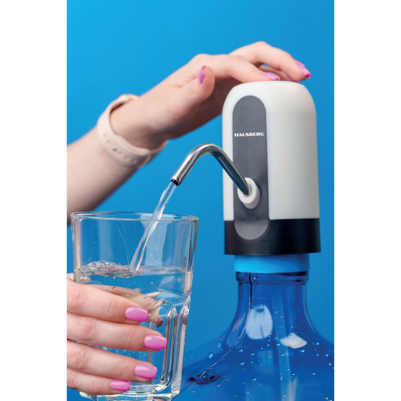 Dispozitiv electric reincarcabil de pompare apa HAUSBERG HB-2605, otel inoxidabil si plastic, pentru sticle PET de 10L, buton ON/OFF, baterie incorporata, USB