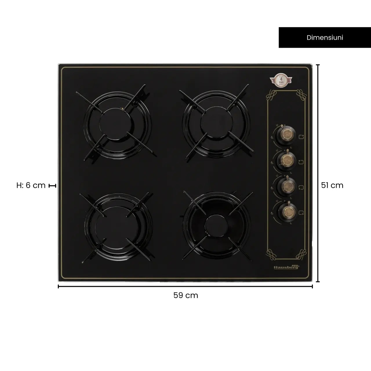 Plita Incorporabila Rustica HAUSBERG HB-575RST, 4 arzatoare, Gaz, 60 cm