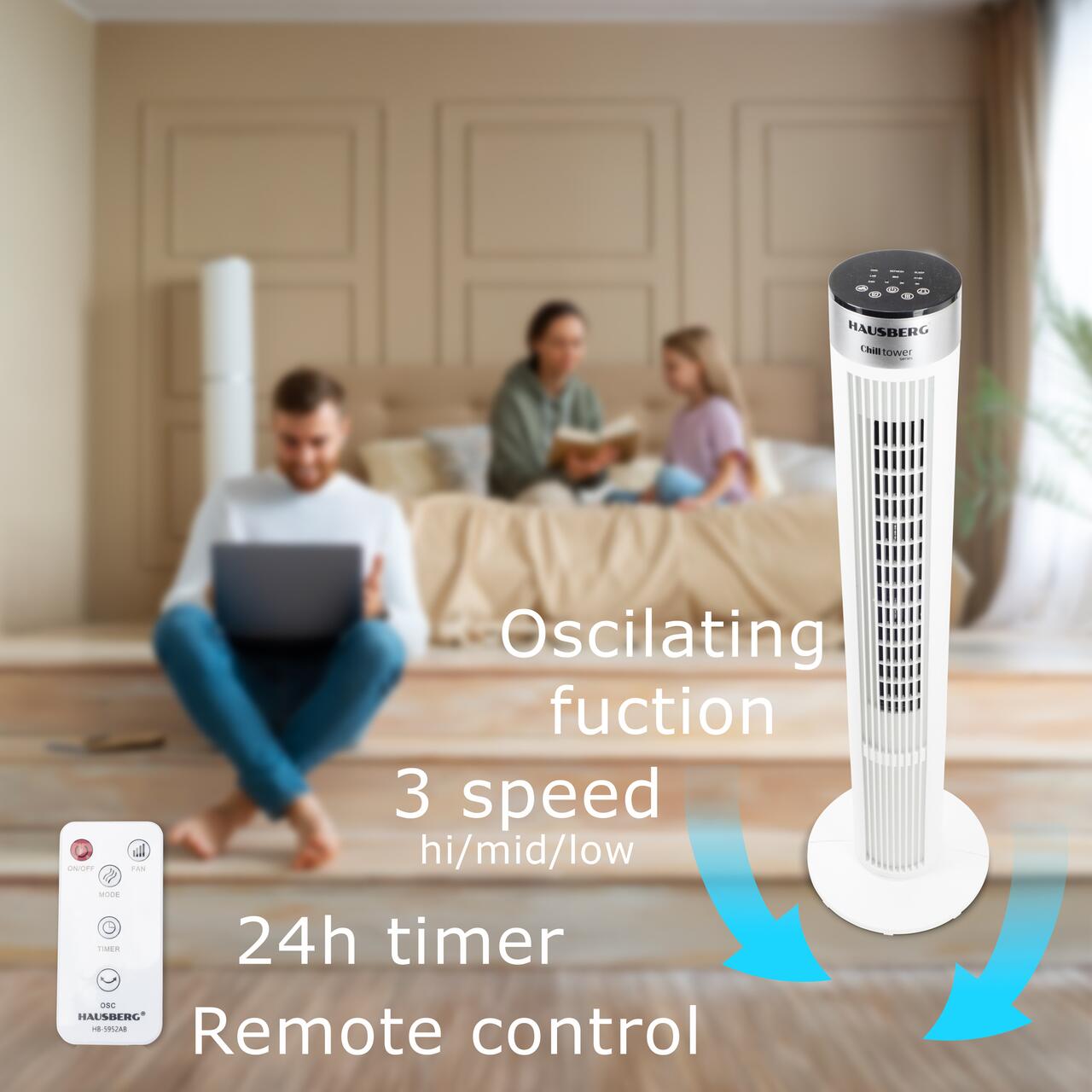 Ventilator turn HAUSBERG HB-5952AB, 55W, 38 inch, 3 viteze, temporizator 24h, LED, oscilatie, telecomanda