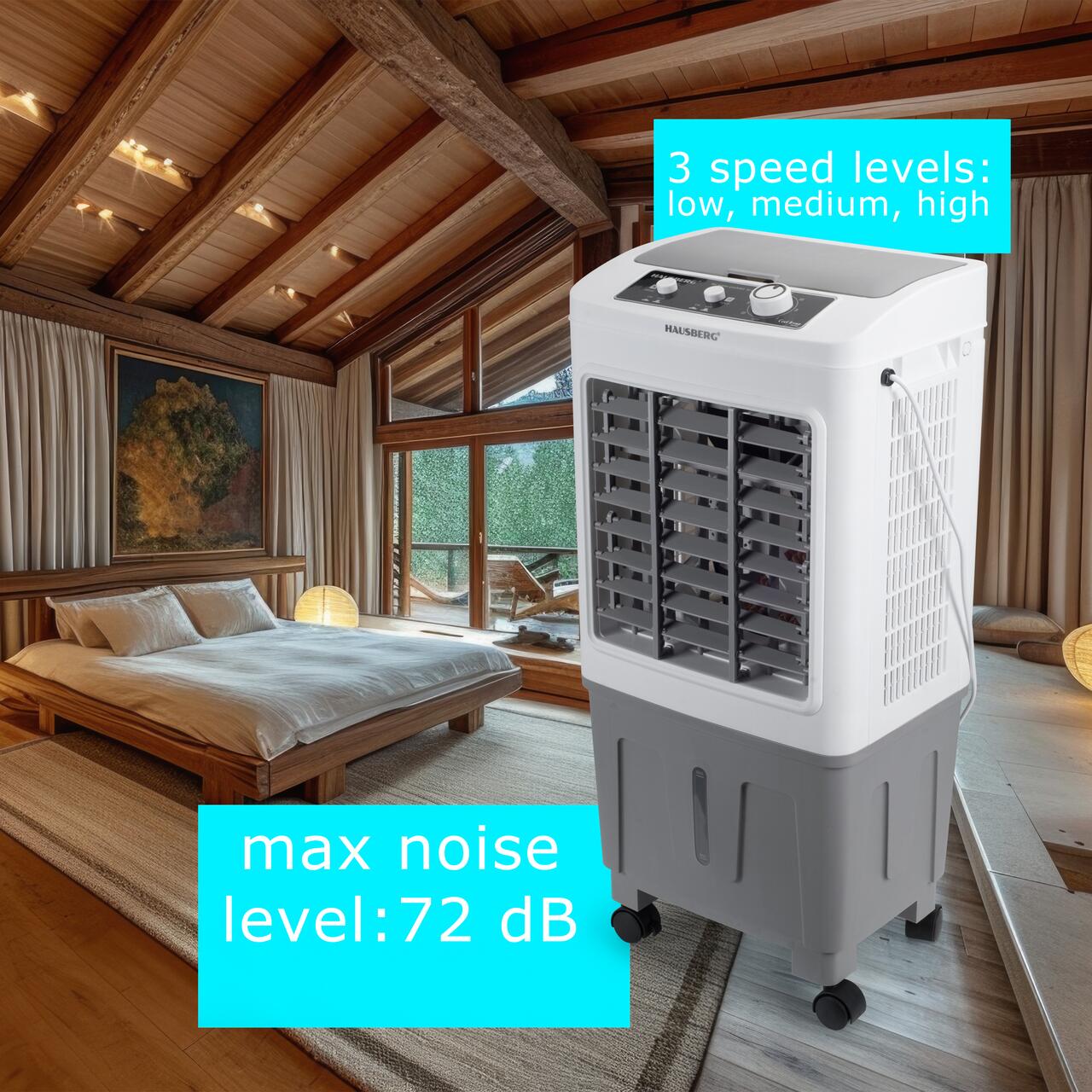 Racitor de aer portabil Hausberg HB-5961AB, 75W, rezervor 20L, 3 viteze, control mecanic, 2 cutii gheata