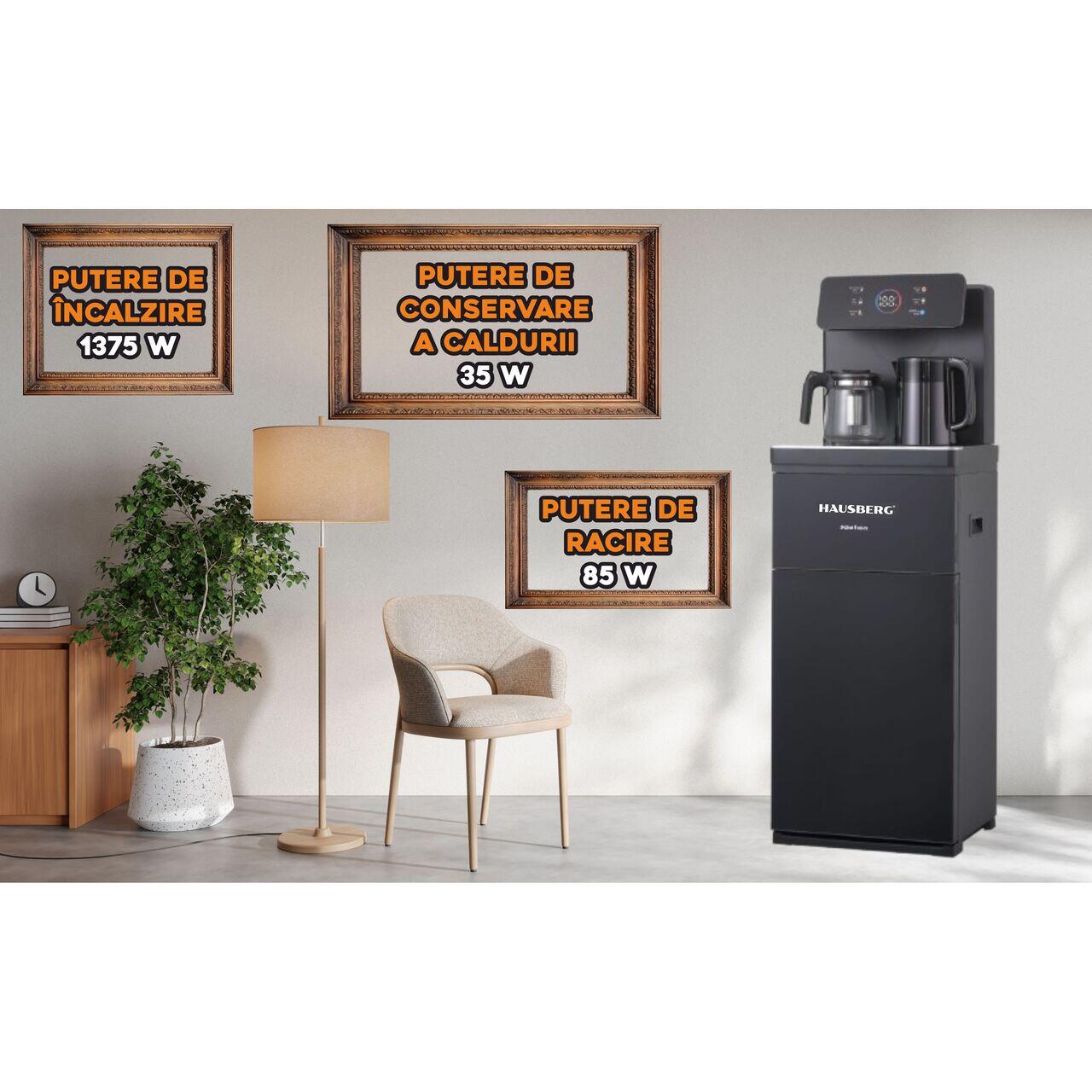 Dozator apa de podea multifunctional HAUSBERG HB-6030NG, cu amplasarea bidonului la baza si Tea Bar, Apa calda/rece, Ceainic, Fierbator, Racire cu compressor