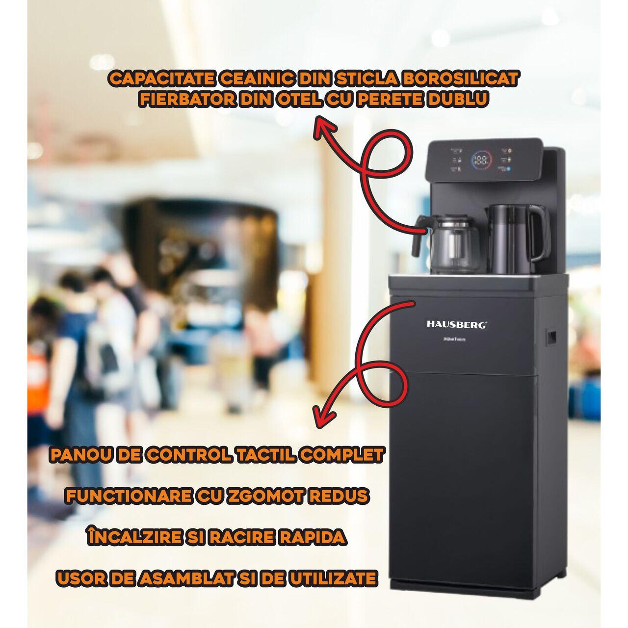 Dozator apa de podea multifunctional HAUSBERG HB-6030NG, cu amplasarea bidonului la baza si Tea Bar, Apa calda/rece, Ceainic, Fierbator, Racire cu compressor