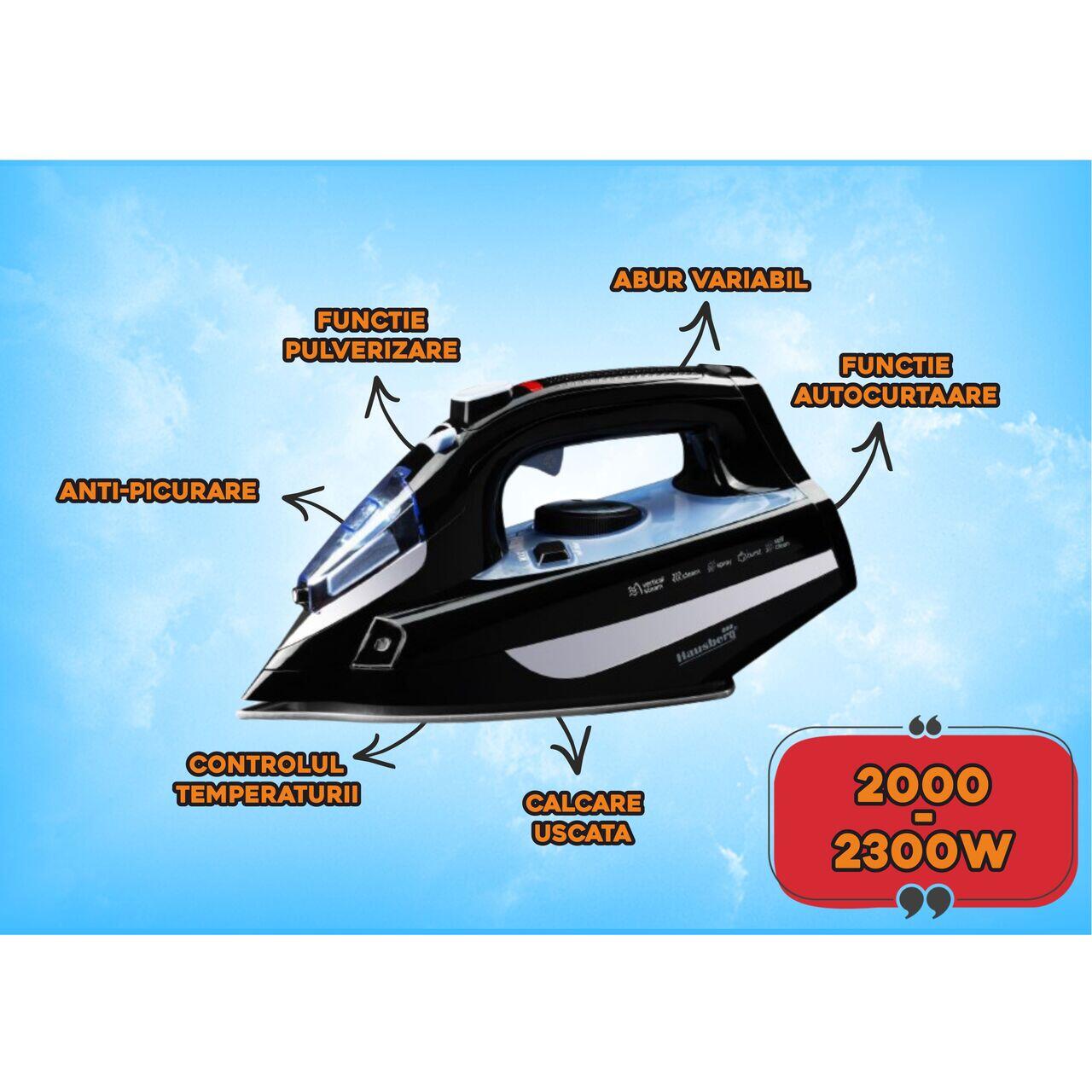 Fier de Calcat Hausberg HB-7842BL, 2300W, Ceramic, Autocuratare, Pulverizare, Antipicurare, 300ml