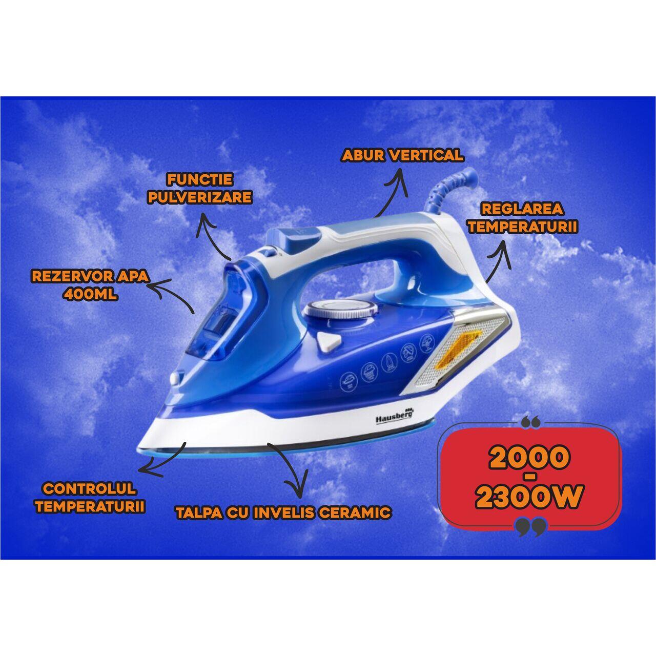 Fier de calcat Hausberg HB-7880BL, 2300W, Talpa cu invelis ceramic, rezervor apa 400ml