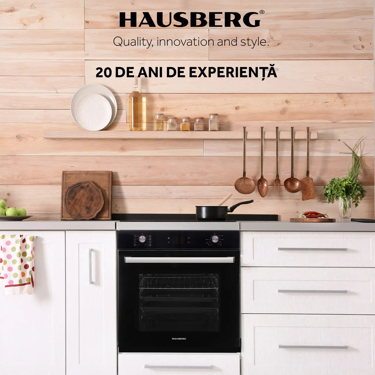 Cuptor electric incorporabil Hausberg HB-8054NG, Clasa A, volum 71L, putere 2225W, panou sticla termoizolant, termostat, timer, 8 functii, ventilatie