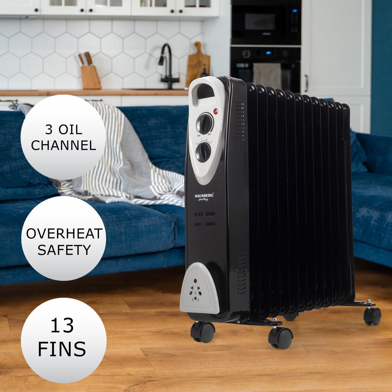 Calorifer electric HAUSBERG HB-8913NG, 2500 W, 13 elementi, 3 trepte de putere, Termostat reglabil, Protectie supra-incalzire, Protectie anti-rasturnare, Indicator luminos