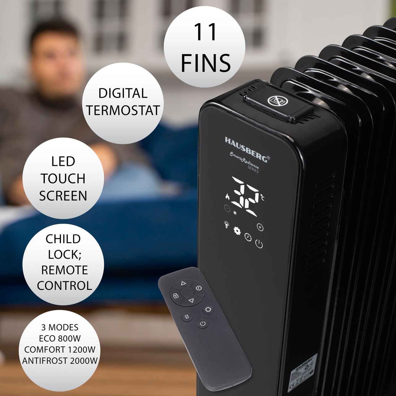 Calorifer electric Digital cu Telecomanda HAUSBERG HB-8955NG, 2500W, 11 elementi, 3 setari, Termostat electronic, Protectie supra-incalzire, Protectie anti-rasturnare