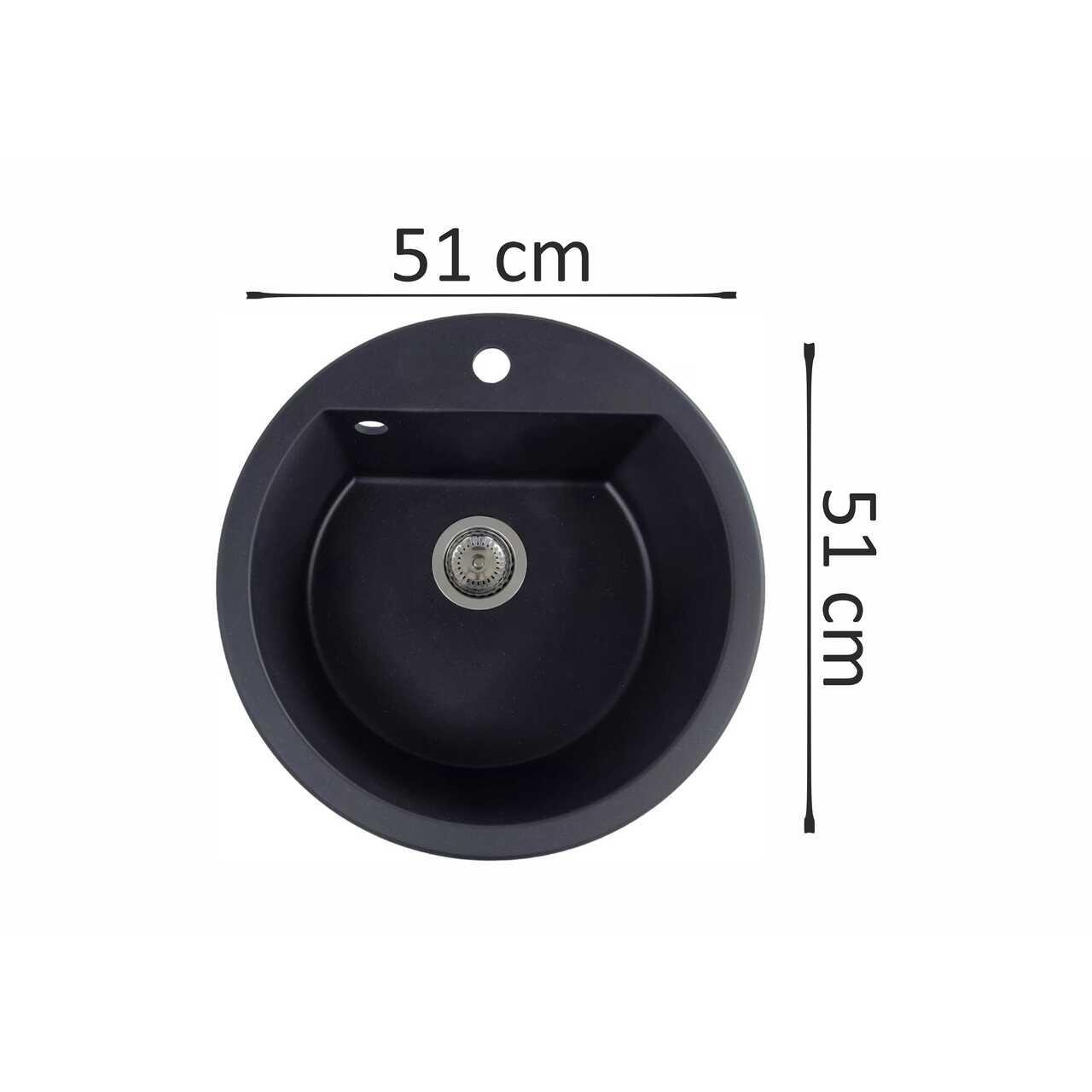 Chiuveta bucatarie HAUSBERG Adina HBC-9701, compozit, negru, cuva rotunda, diametru 51 cm