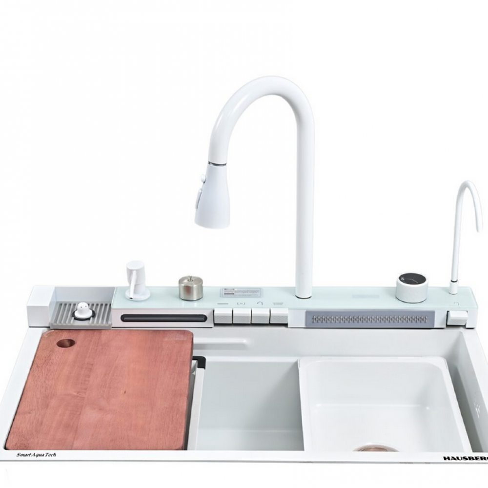 Set chiuveta multifunctionala HAUSBERG HBC-9955 din otel inoxidabil, baterie dubla, cuva perforata fructe/legume, cuva universala cu dop scurgere, tocator, 750x460x220 mm, accesorii incluse, Auriu/Negru