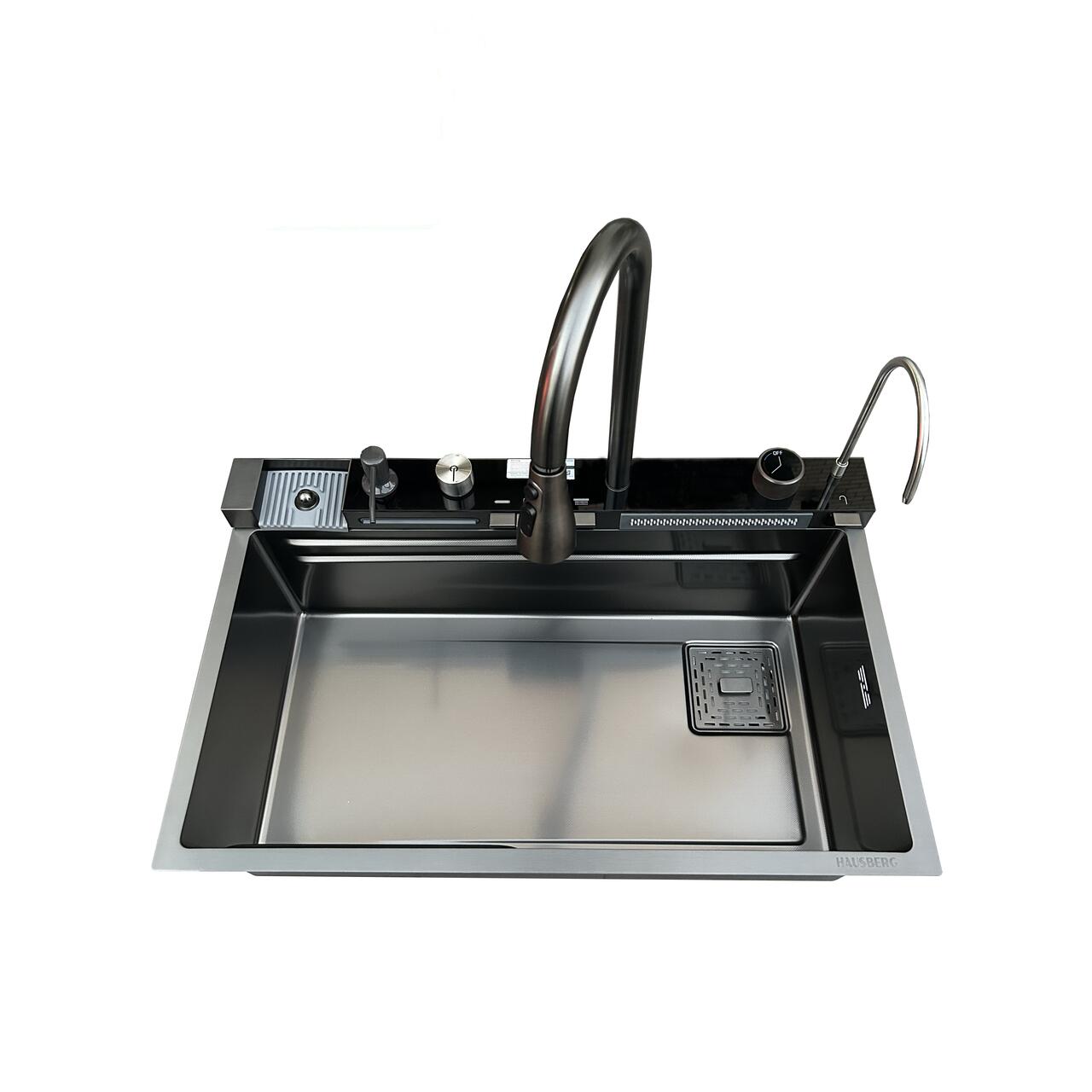 Set chiuveta multifunctionala HAUSBERG HBC-9955 din otel inoxidabil, baterie dubla, cuva perforata fructe/legume, cuva universala cu dop scurgere, tocator, 750x460x220 mm, accesorii incluse, Auriu/Negru