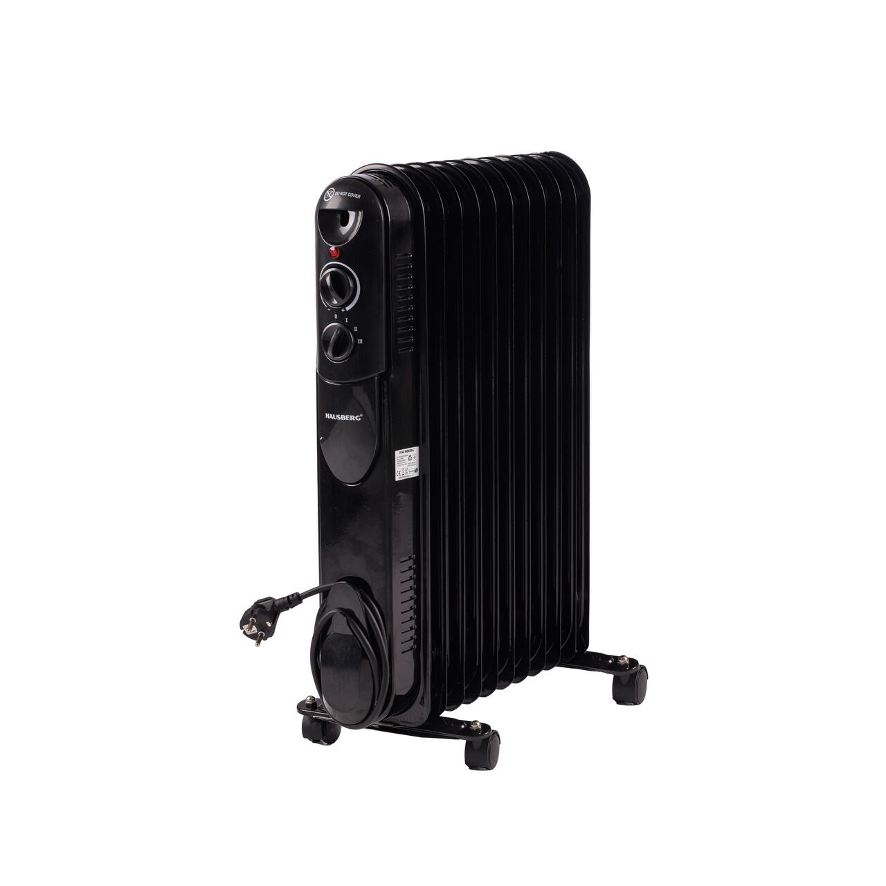 Calorifer electric cu ulei HAUSBERG HB-8925, 3 trepte, 1000-1500-2500 W, 11 elementi 110 mm x 580 mm, termostat reglabil, maner si rotite pentru o deplasare facila, indicator luminos functionare