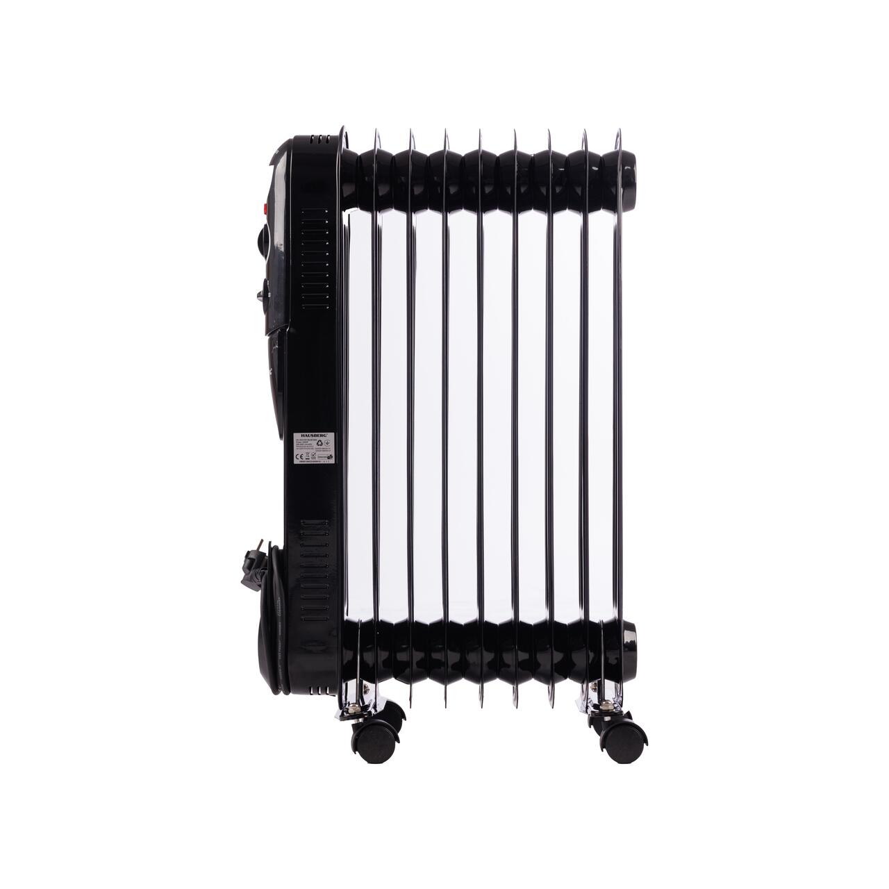 Calorifer electric cu ulei HAUSBERG HB-8915, 3 trepte, 800-1200-2000 W, 9 elementi 110 mm x 580 mm, termostat reglabil, maner si rotite pentru o deplasare facila, indicator luminos functionare